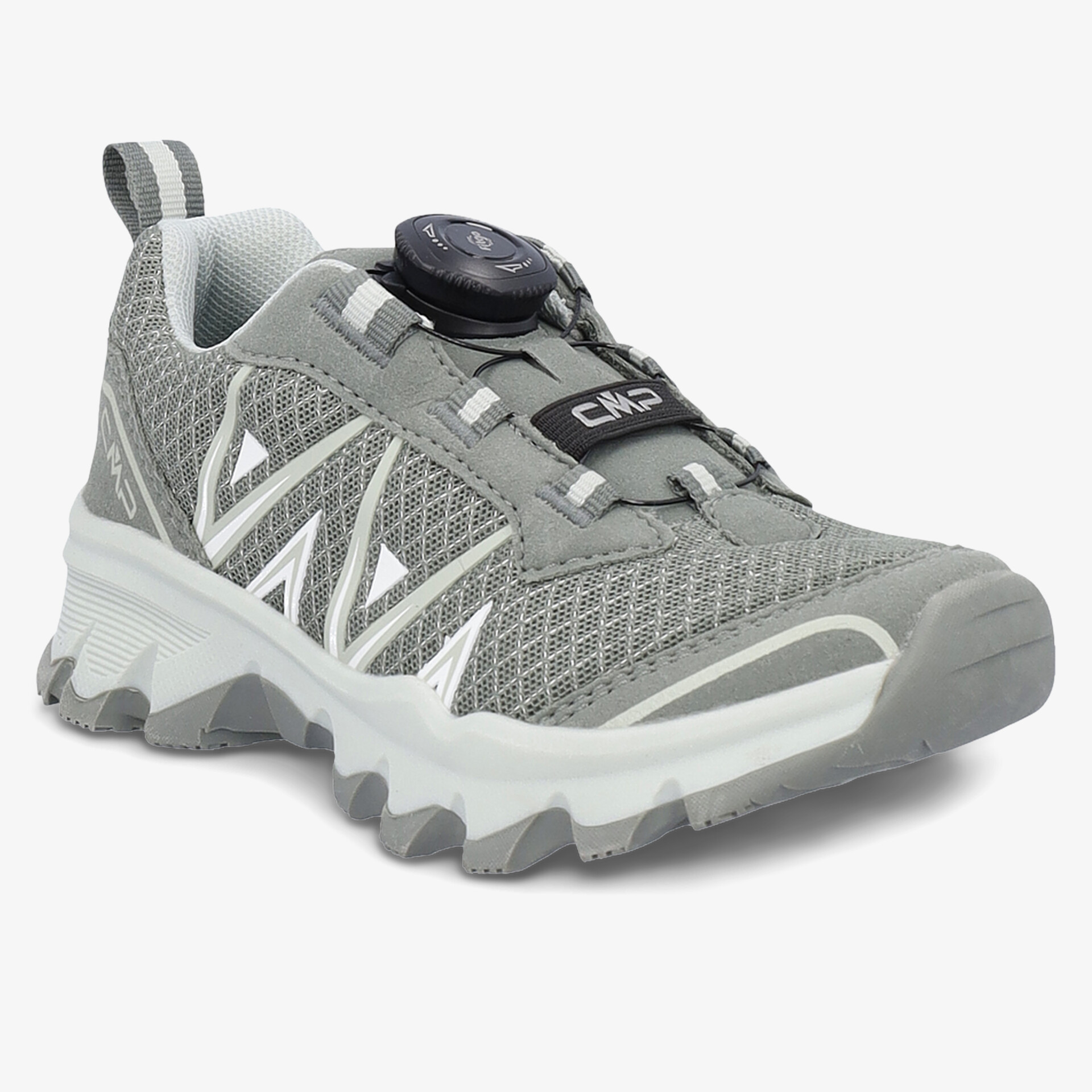 Grauer Sneaker mit robustem Design und rutschfester Sohle, perfekt für sportliche Aktivitäten.