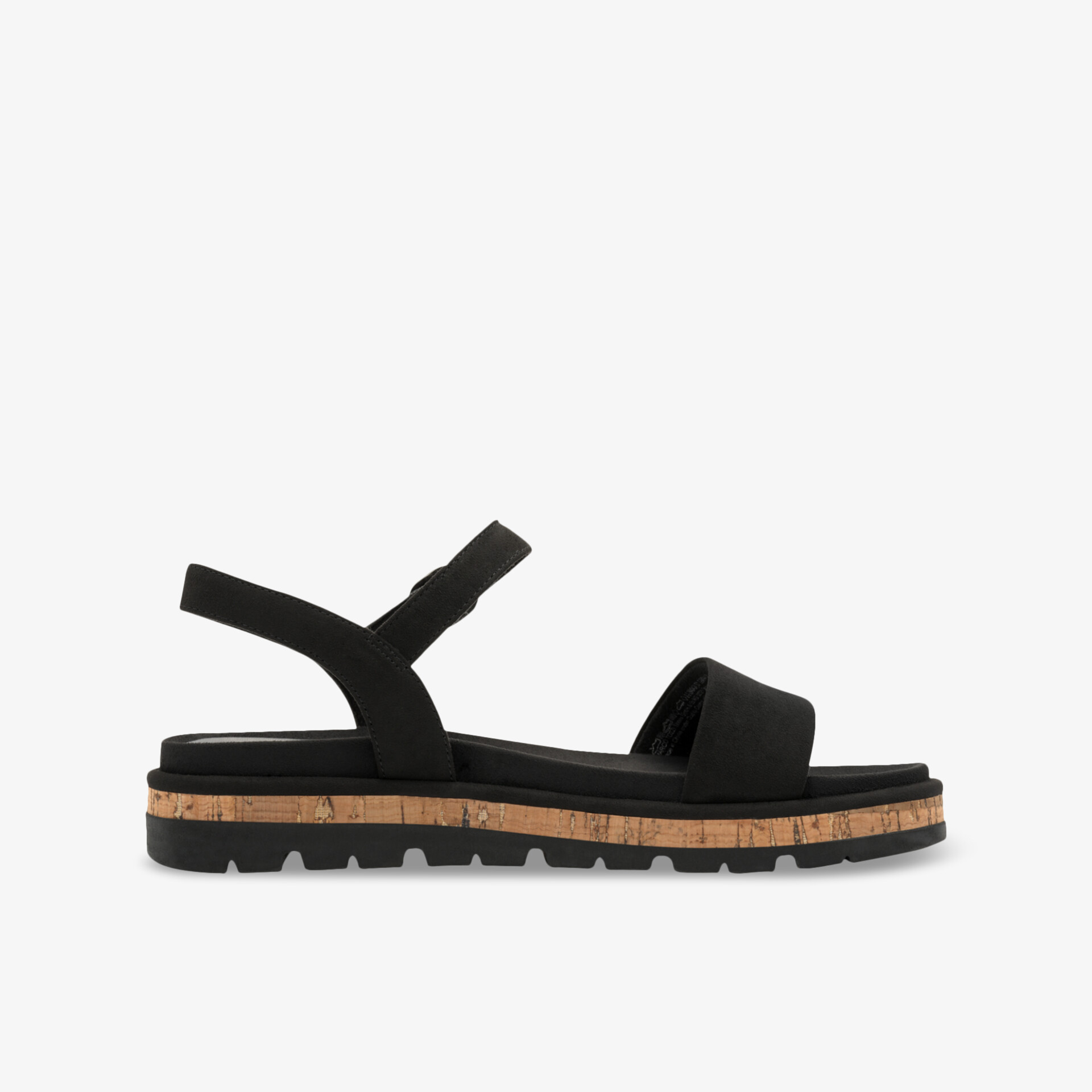 Seitliche Ansicht einer schwarzen Sandale mit Korksohle, verstellbarem Riemen und rutschfester Laufsohle