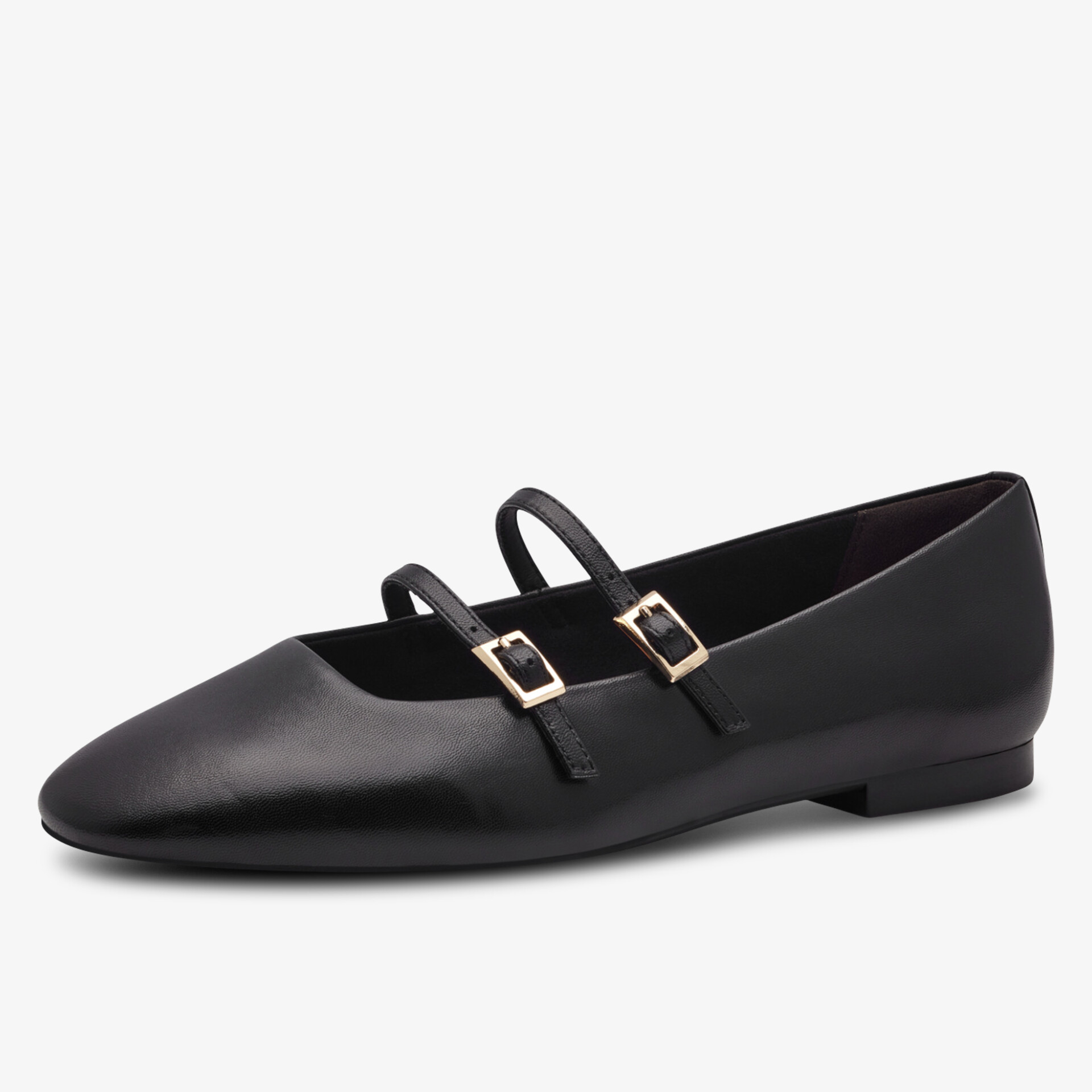 Eleganter schwarzer flacher Schuh mit zwei verstellbaren Riemen und glänzendem Obermaterial