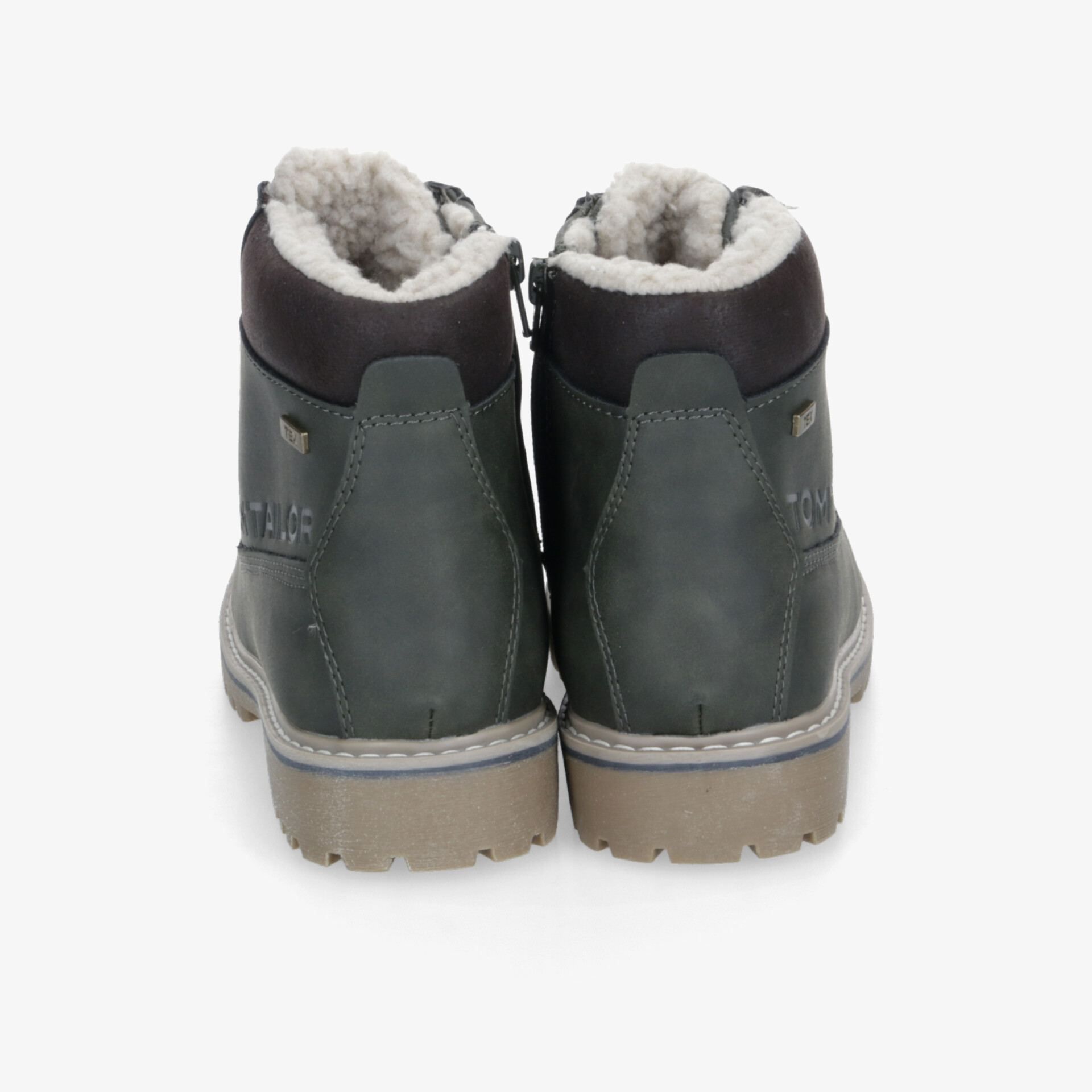 Robuste Winterstiefel mit warmem Innenfutter und stabilem Absatz in schlichter grauer Farbe, Rückansicht