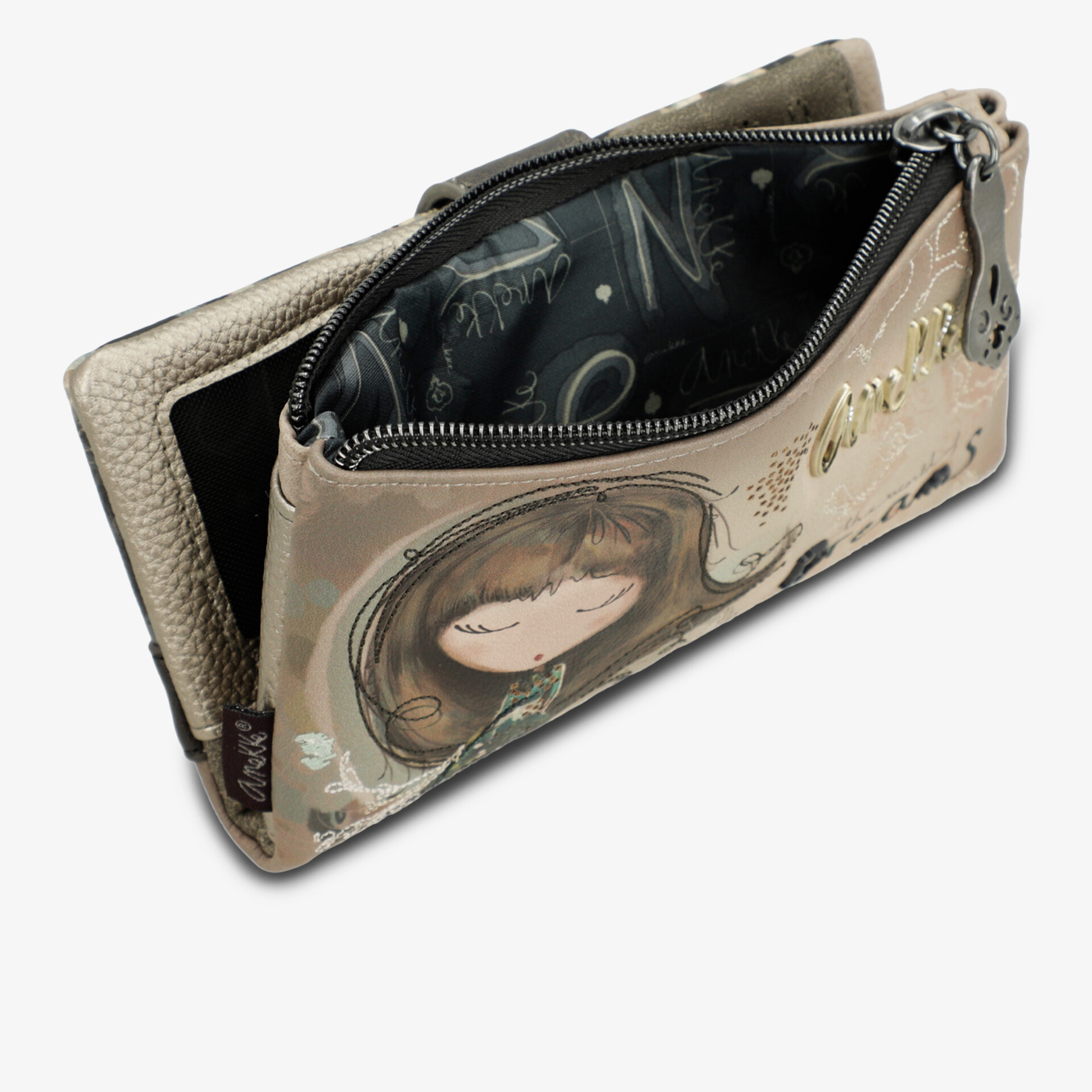 Stylisches Portemonnaie mit Reißverschluss, geräumigem Innenfach, und ansprechendem Design liegend oben fotografiert