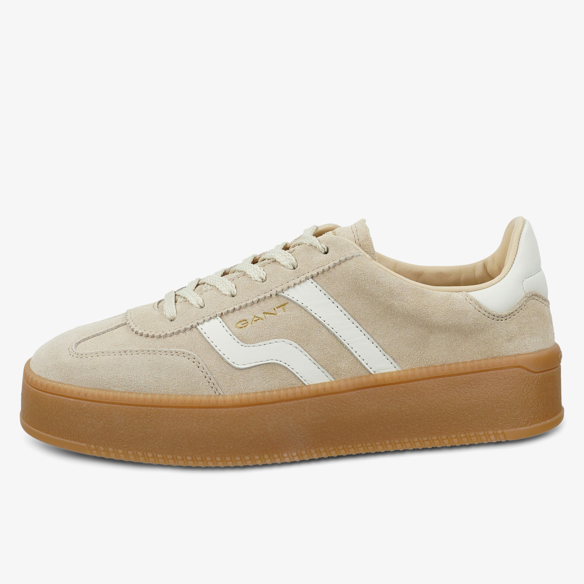 Beiger Sneaker mit Retro-Design und robustem Look, ideal für sportliche Mode.