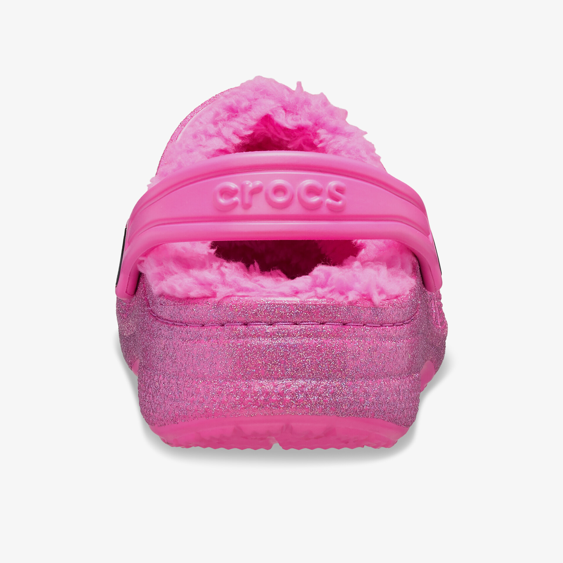 Rückansicht eines pinkfarbenen Crocs Schuhs mit weichem, flauschigem Innenfutter für optimalen Tragekomfort