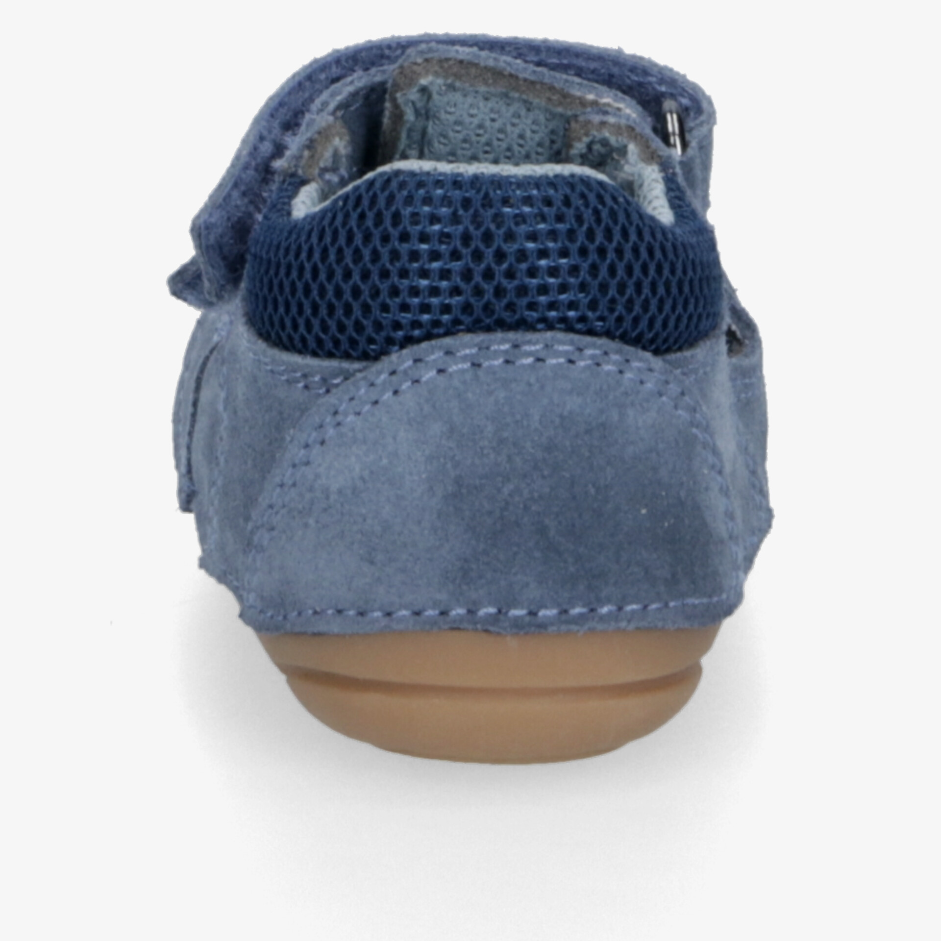 Blauer Schuh aus Wildleder mit atmungsaktivem Mesh und rutschfester Sohle in klarer Rückansicht