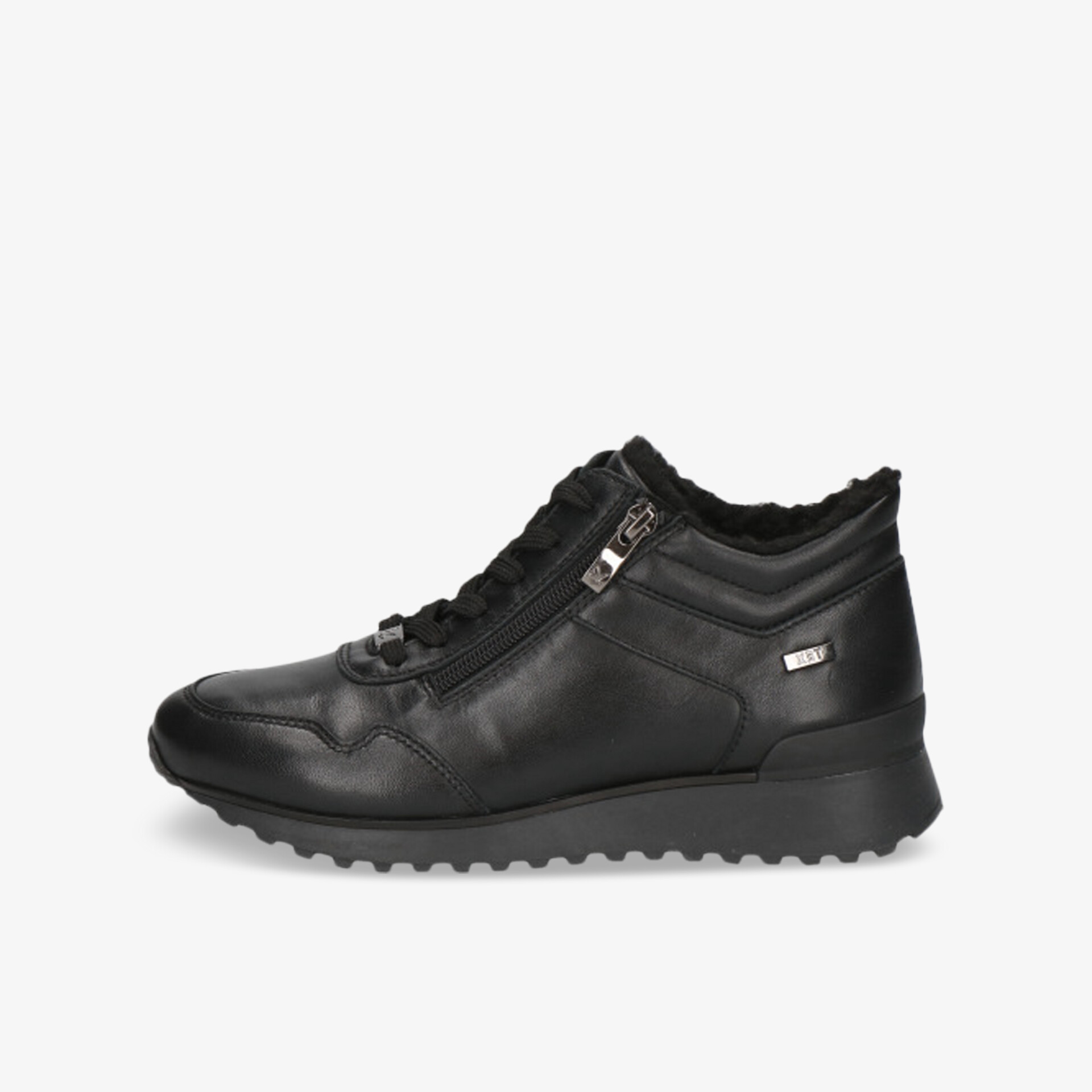 Schwarzer Sneaker seitlich mit leicht profilierter Sohle, modernem Design und praktischem Reißverschluss für bequemen Halt
