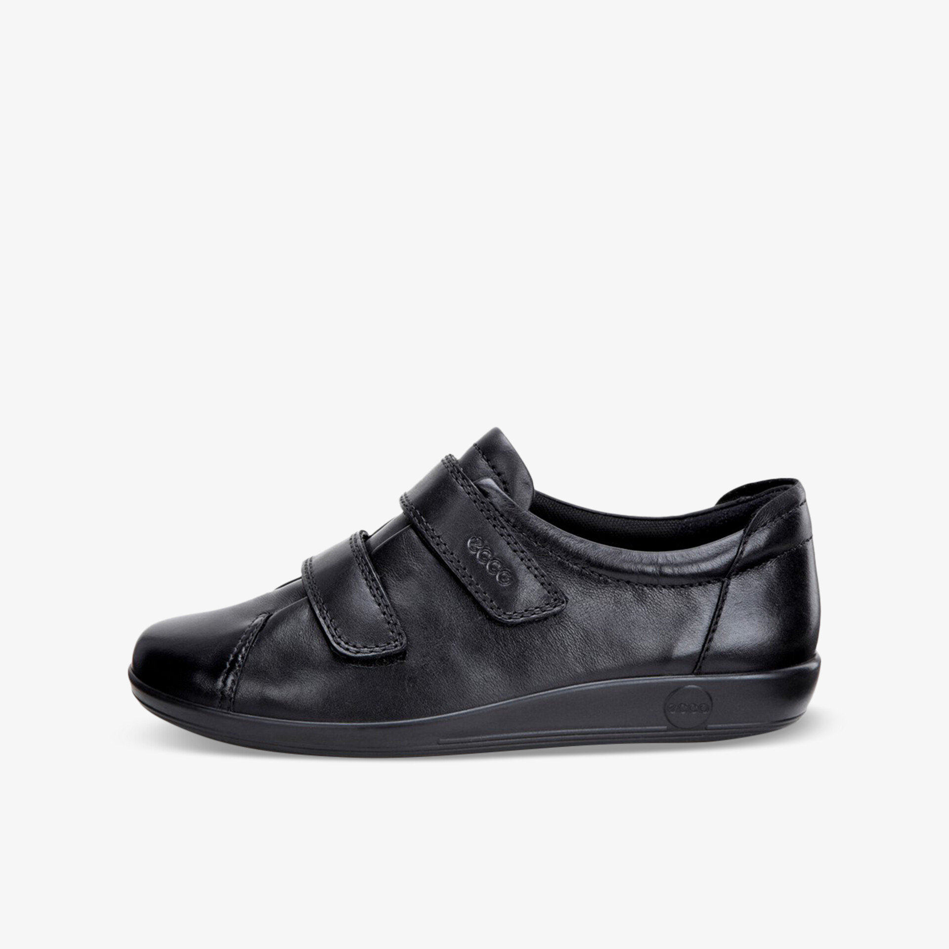 Schwarzer Lederschuh mit Klettverschluss, ideal für Komfort und täglichen Gebrauch auf rutschfestem Boden.