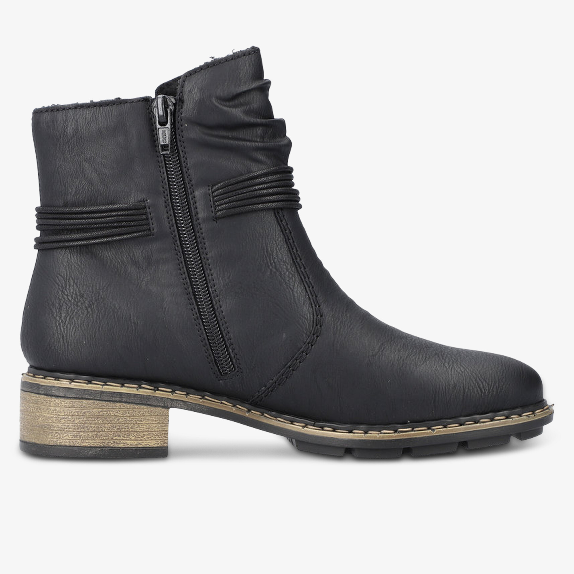 Moderner schwarzer Stiefel mit robustem Reißverschluss, gepolstertem Schaft und profilierter Sohle für hohen Tragekomfort