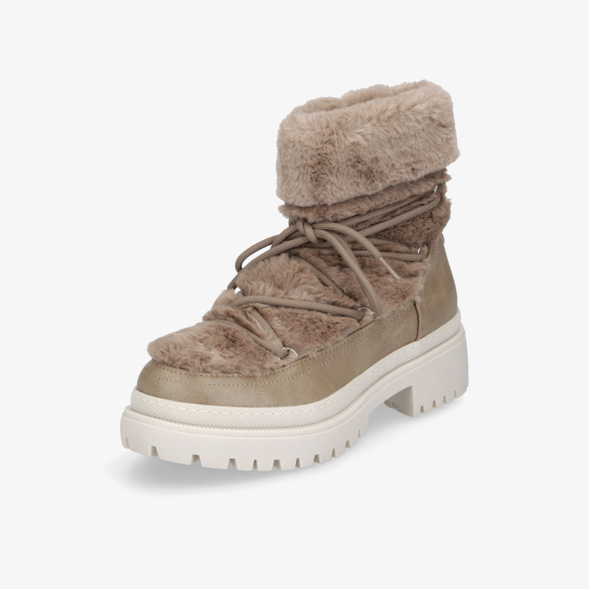 Modischer Winterstiefel mit Fellbesatz und robuster Sohle. Bequem und rutschfest für kalte Tage.