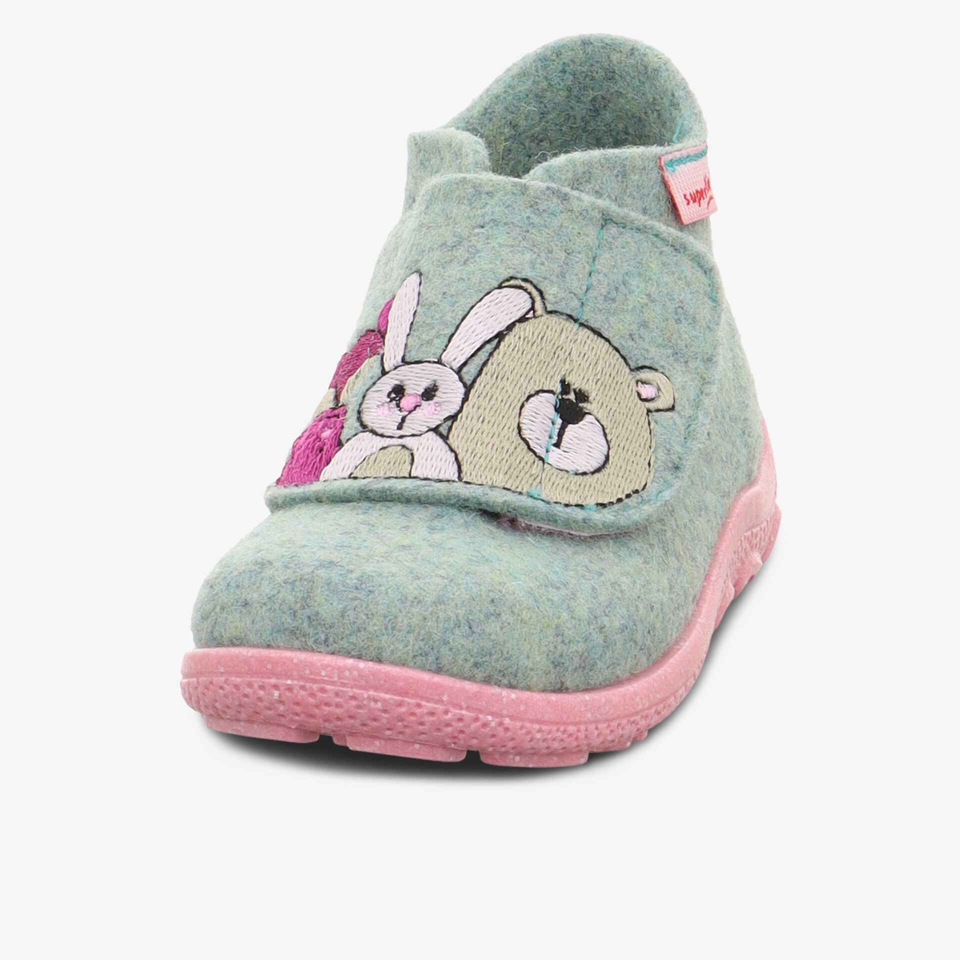 Weicher Hausschuh mit niedlichem Bären und Hasen Motiv, kuschelig und mit rutschfester rosa Sohle