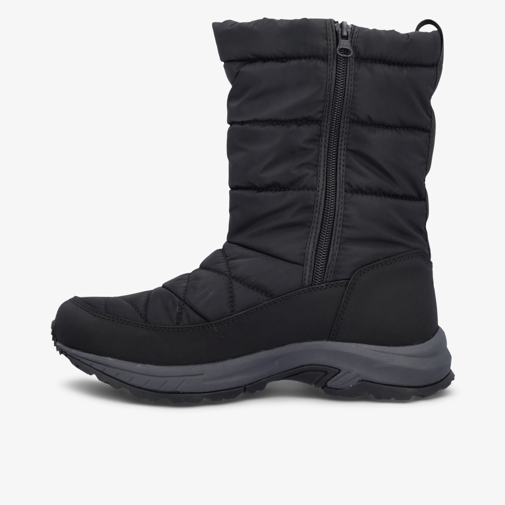 Seitliche Aufnahme eines warm gefütterten, wasserabweisenden Winterstiefels mit Reißverschluss und rutschfester Sohle