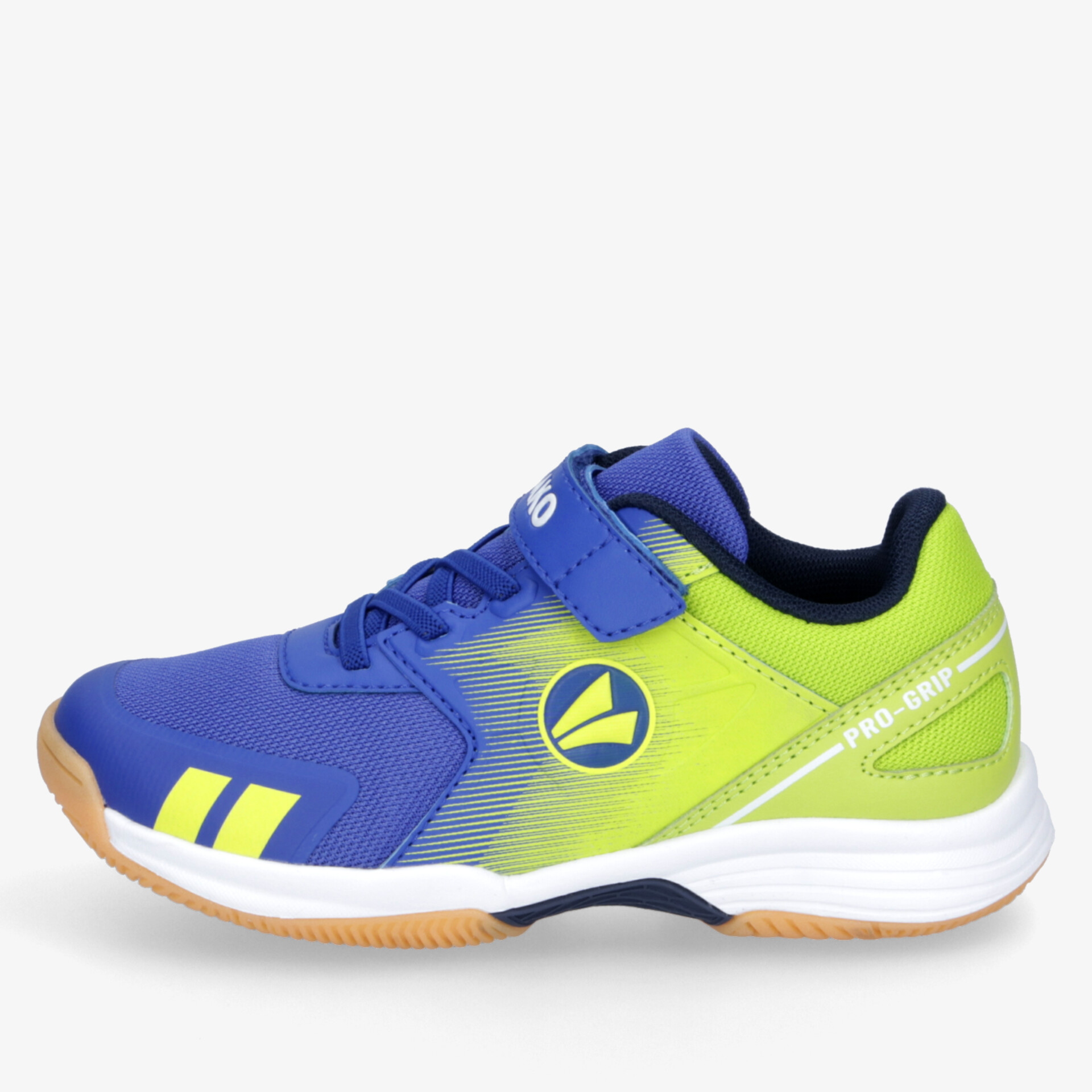 Seitliche Ansicht eines federleichten Sportschuhs mit rutschfester Sohle und sportlichem blau-grünem Design
