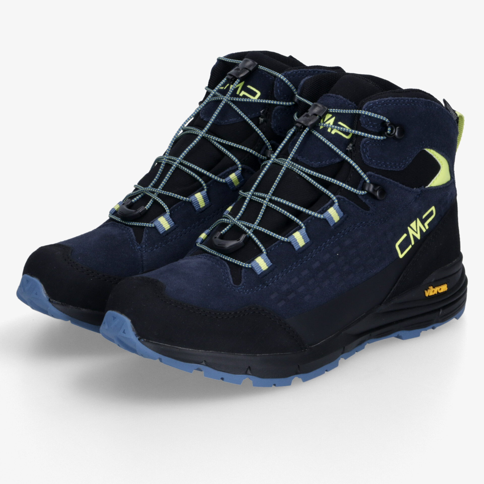 Blau-schwarze Wanderschuhe mit robuster Schnürung und rutschfester Vibram Sohle, bequem und stabil