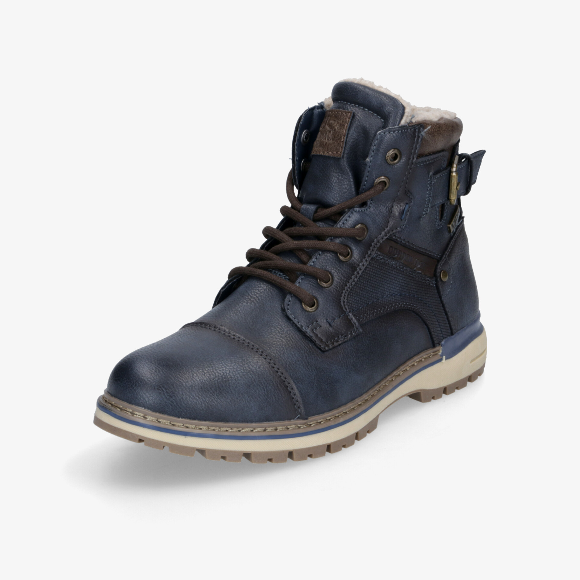 Blauer stabiler Stiefel mit warmer Innenfütterung, rutschfester Sohle und robuster Schnürung in schräger Vorderansicht