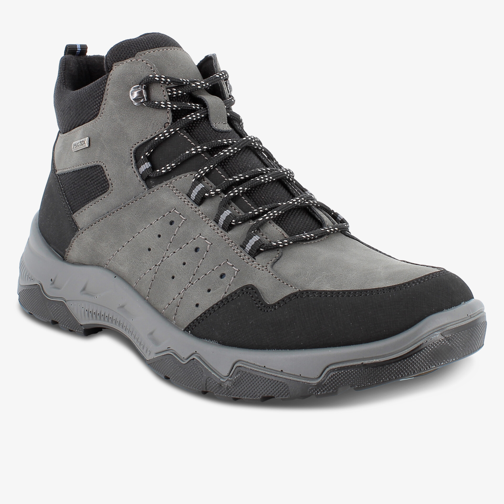 Grauer Outdoor-Schuh mit robustem Design, perforiertem Leder und stabiler profilierter Sohle für sicheren Halt