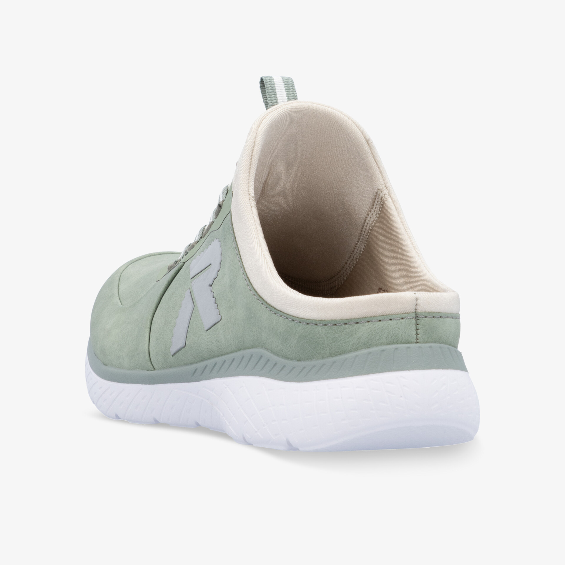 Leichter und bequemer Sneaker in grün mit weißer Sohle, rutschfest und atmungsaktiv, Rückansicht