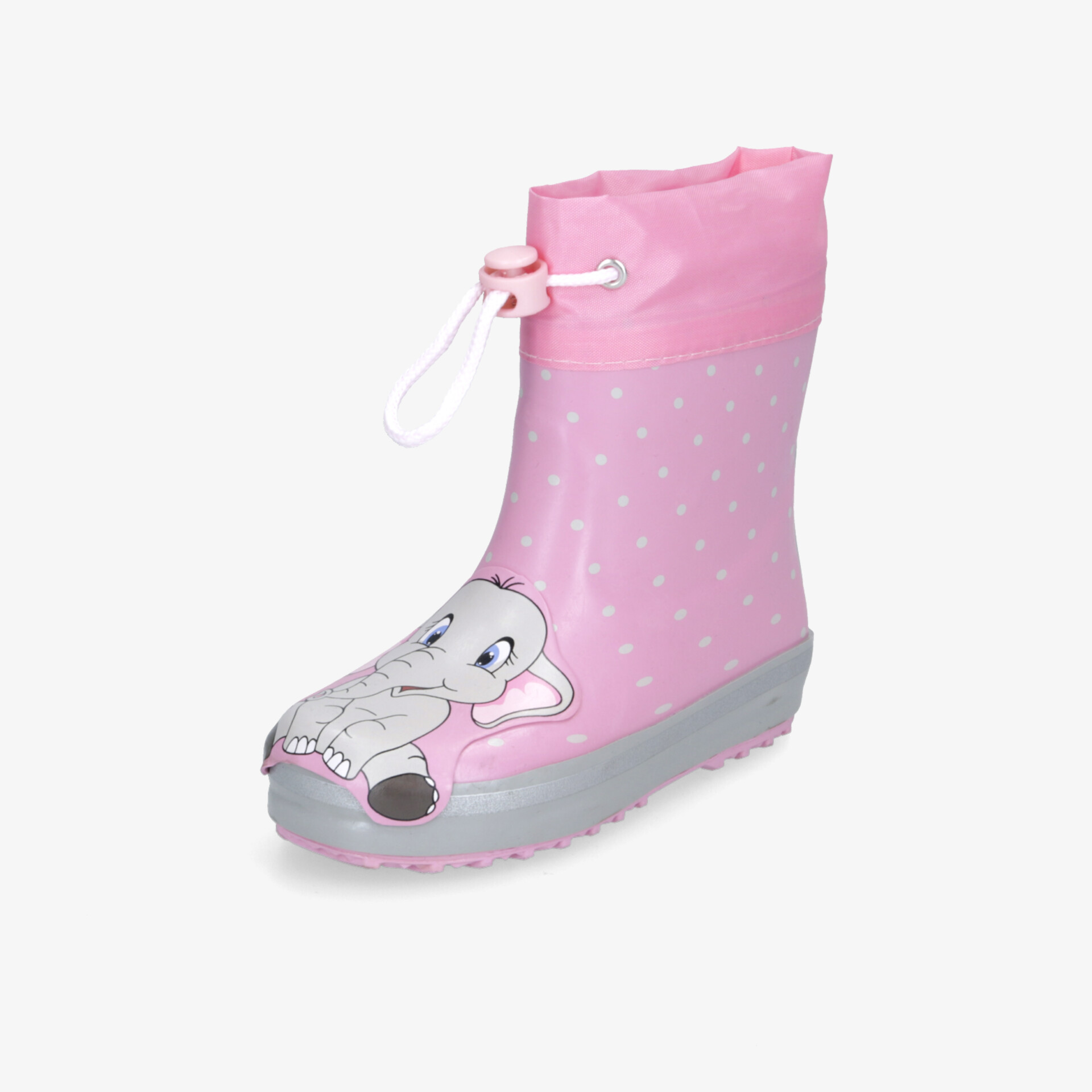 Rosa Gummistiefel mit süßem Elefantenmotiv und Punkten, ideal für regnerische Tage, sicherer Halt