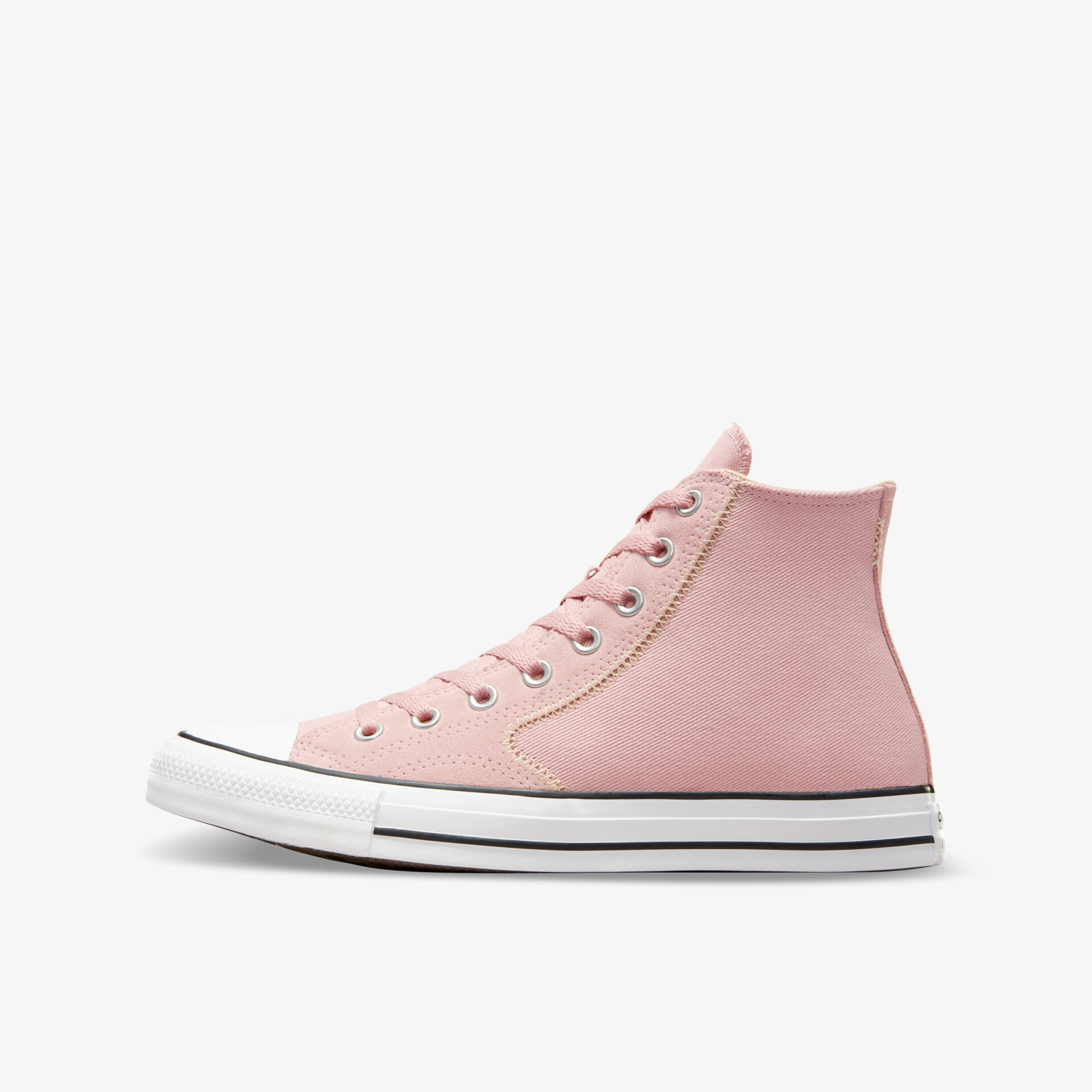 Seitenansicht eines rosa High-Top Sneakers mit robuster Gummisohle und komfortablem, modischem Design
