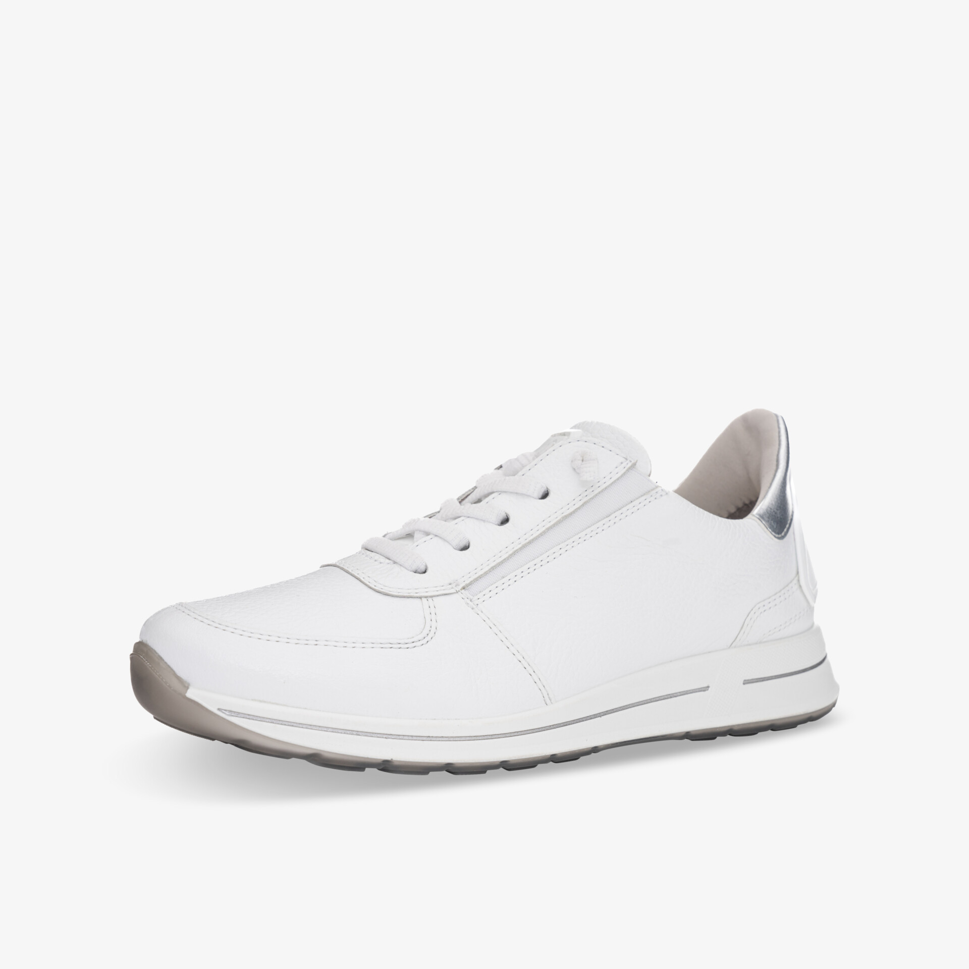 Moderner weißer Sneaker seitlich mit rutschfester Sohle und bequemem Design für hohen Tragekomfort