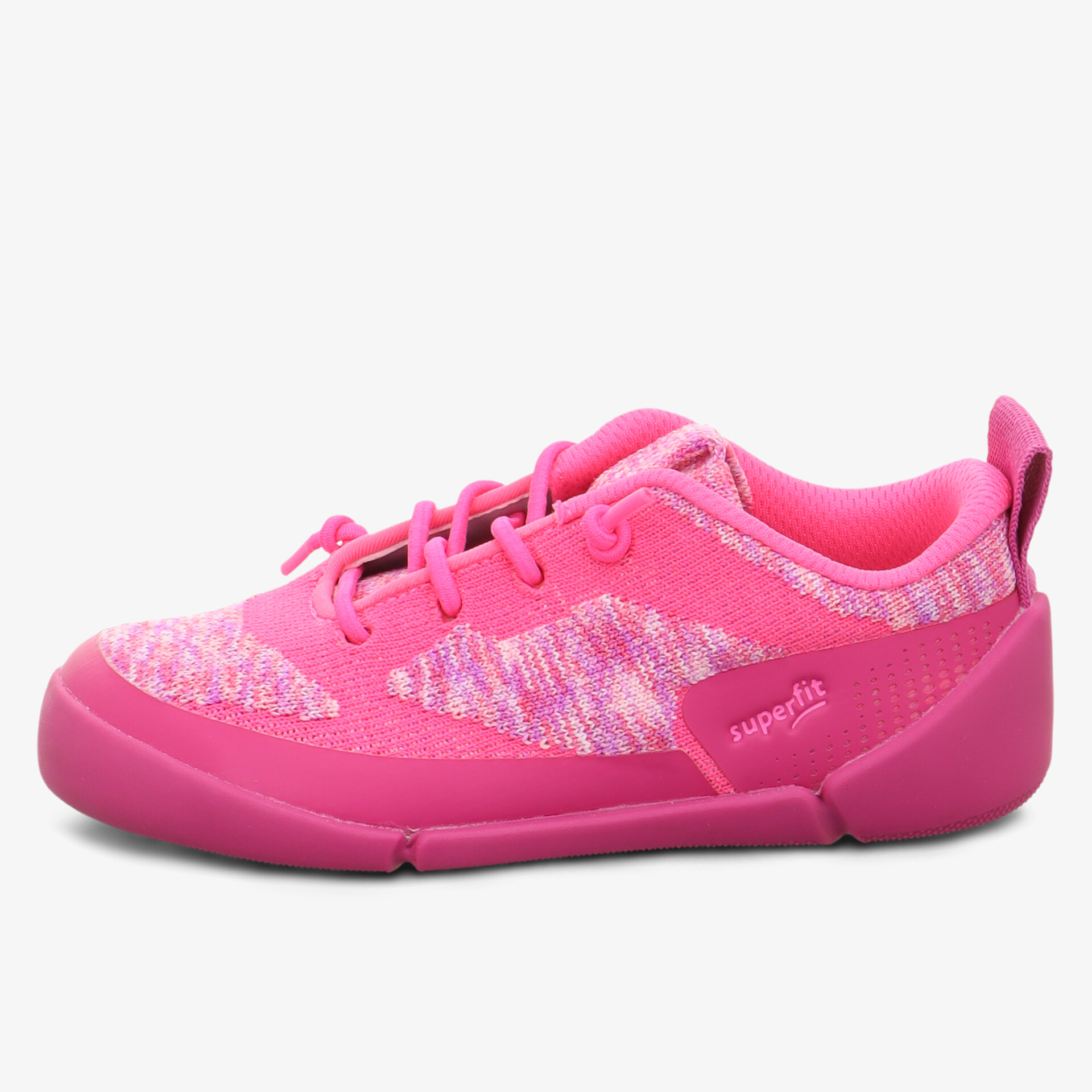Seitliche Ansicht eines leichten, atmungsaktiven, flexiblen und bequemen sportlichen Schuhs in leuchtendem Pink
