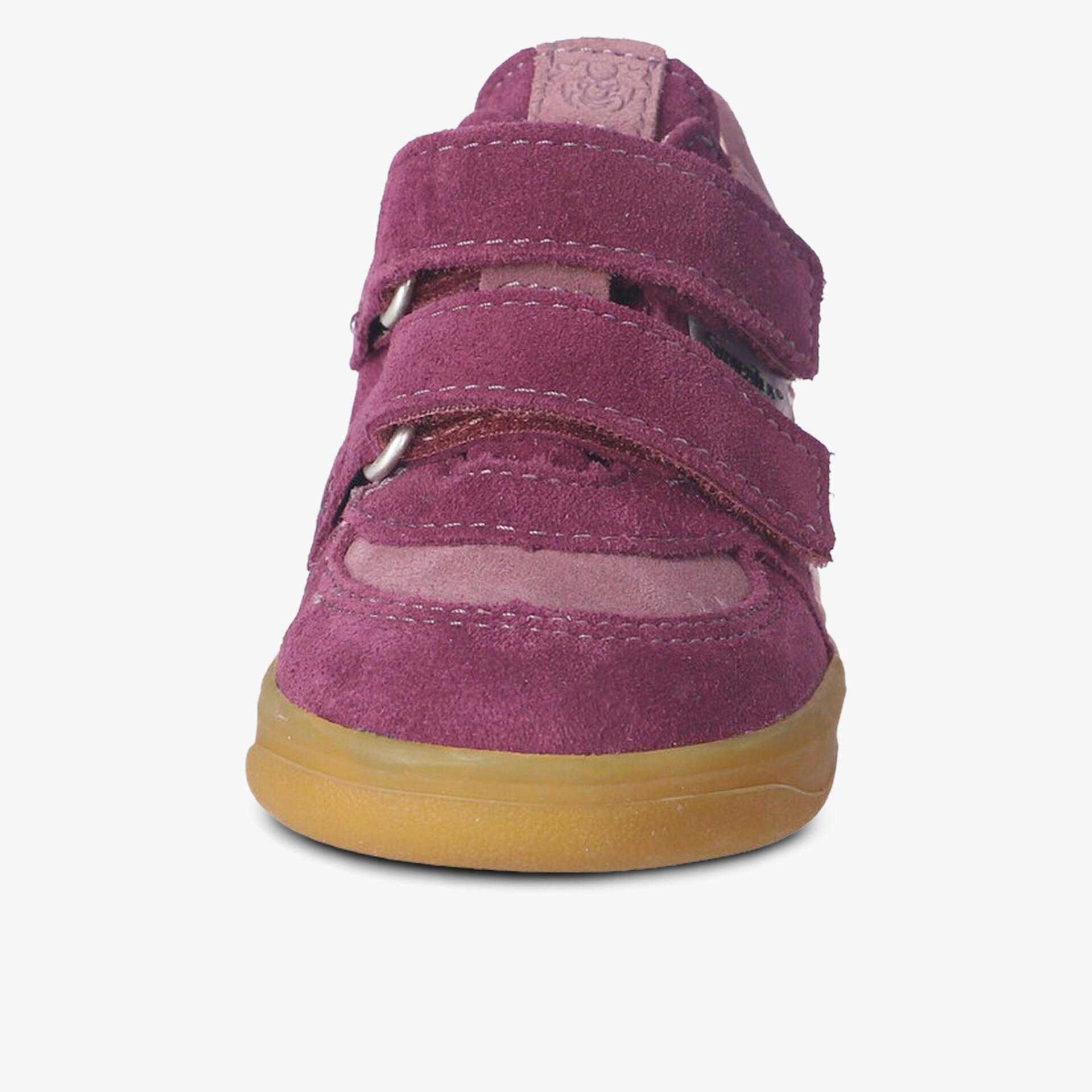 Kinderschuh aus Veloursleder mit zwei Klettverschlüssen und robuster, rutschfester Gummisohle frontal