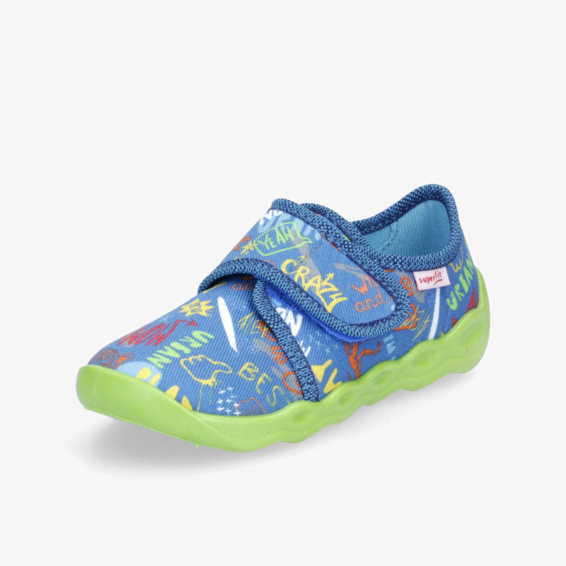 Bequemer, farbenfroher Schuh mit Klettverschluss und rutschfester Sohle in Blau-Grün.