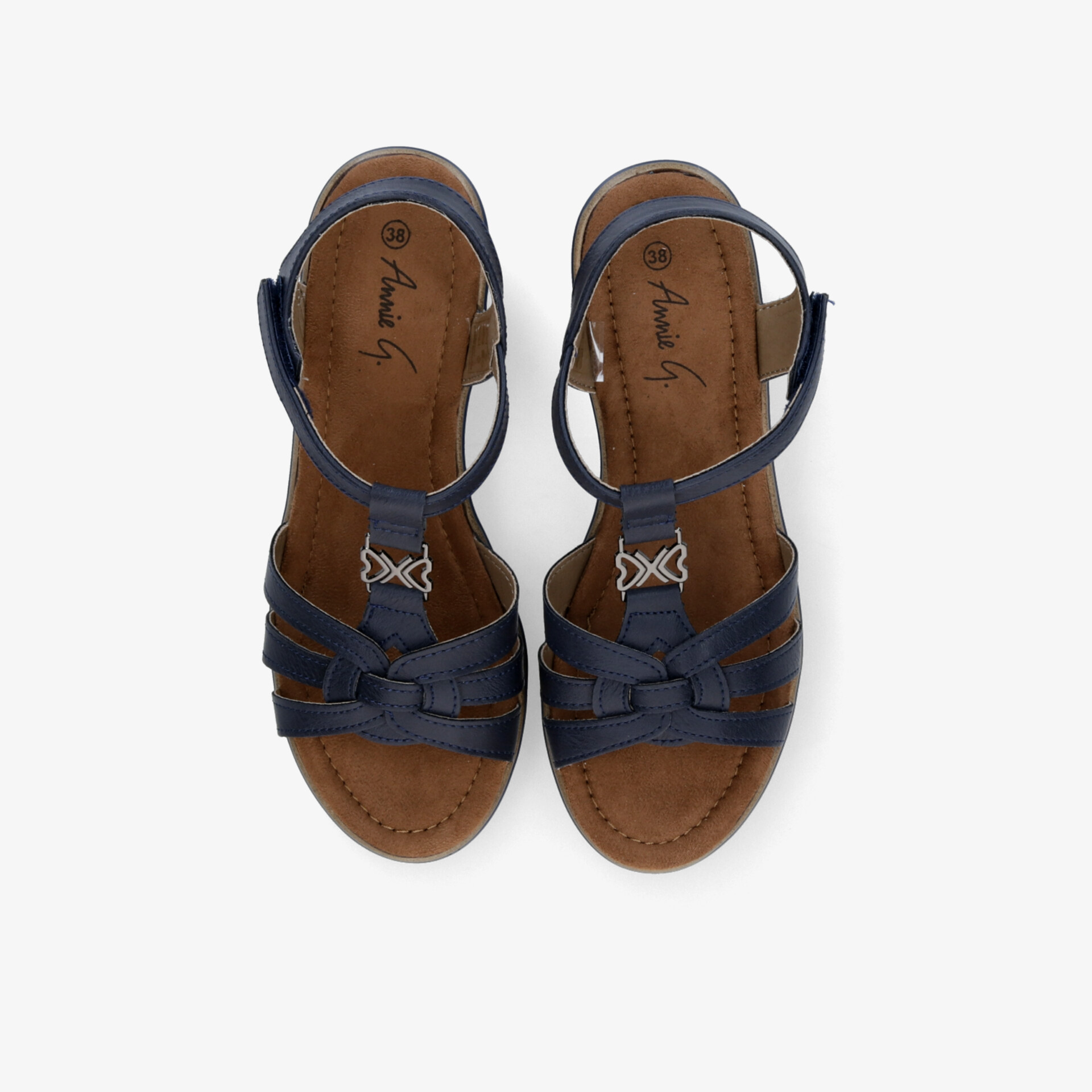 Bequemes Paar blaue Sandalen mit verstellbaren Riemen und rutschfester Sohle in Draufsicht