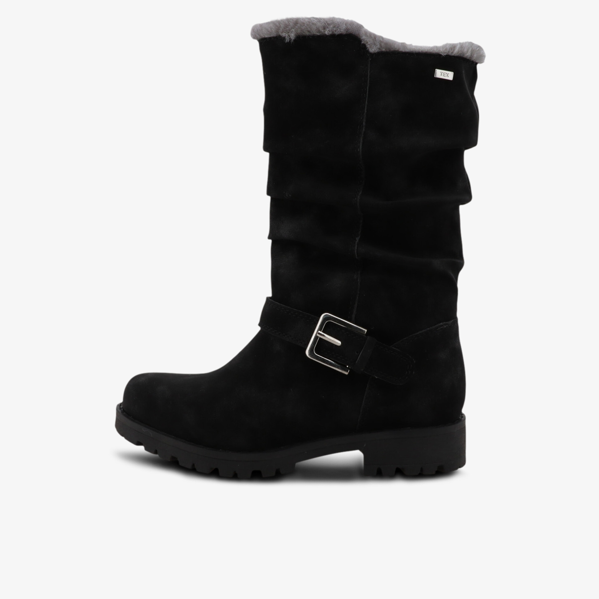 Warmer Winterstiefel mit weichem Fellfutter, stabiler Sohle und stilvoller Schnalle seitliche Ansicht