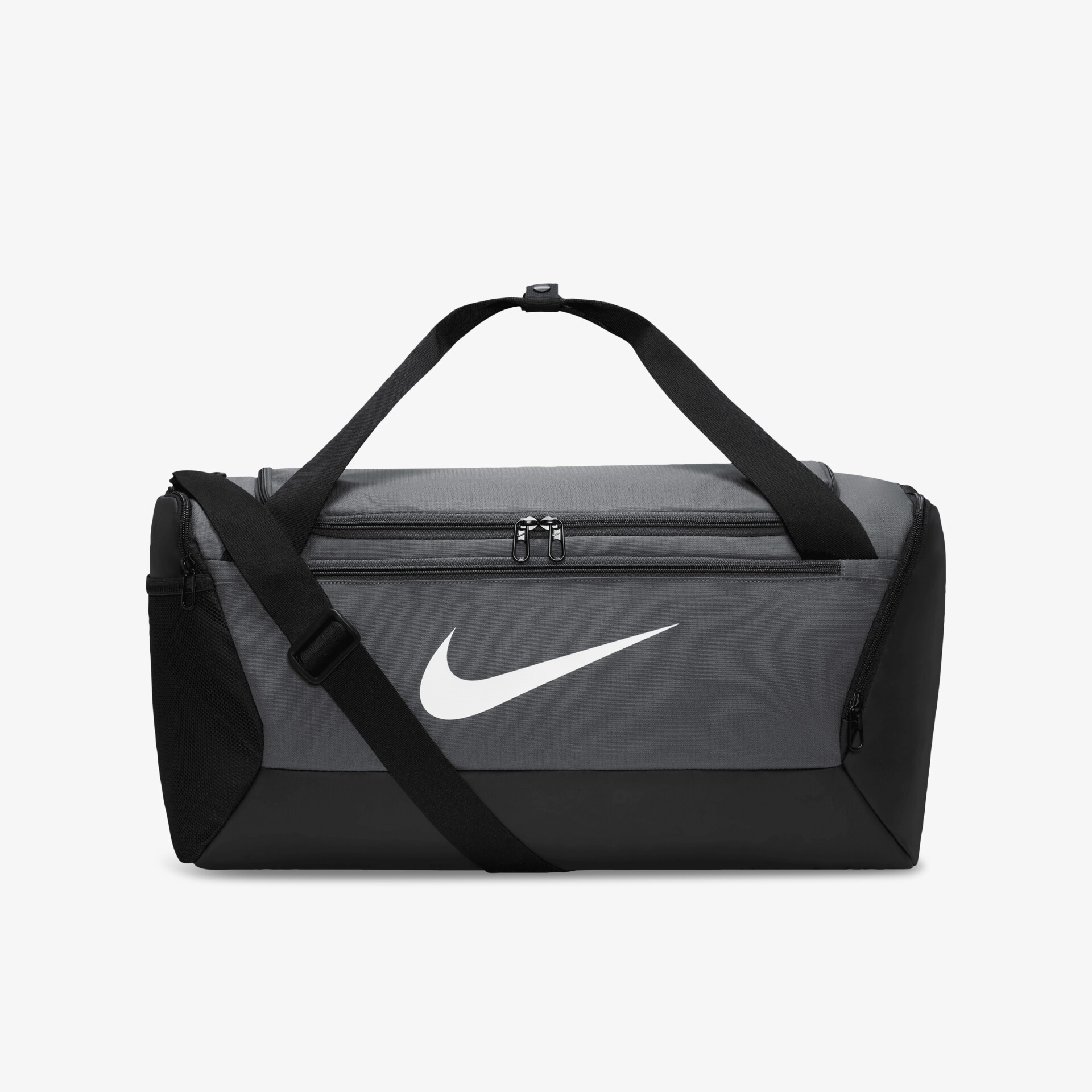 Geräumige Nike Sporttasche in grau mit schwarzem Design und Logo, ideal für Fitness und Reisen.
