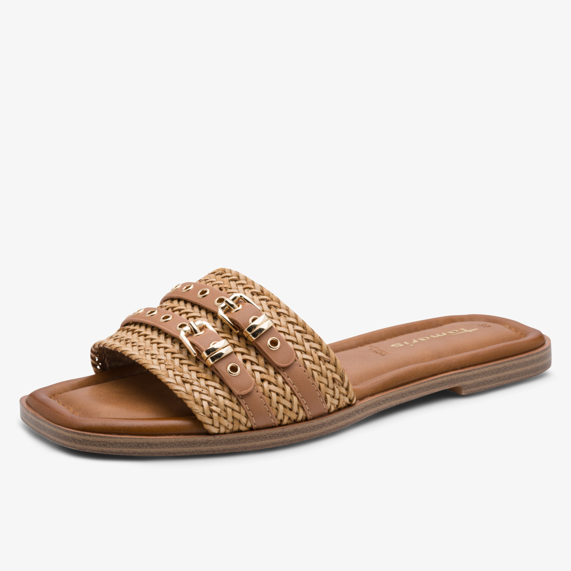 Flache Sandale mit geflochtenen Riemen und bequemer Sohle, ideal für sommerlichen Freizeitlook