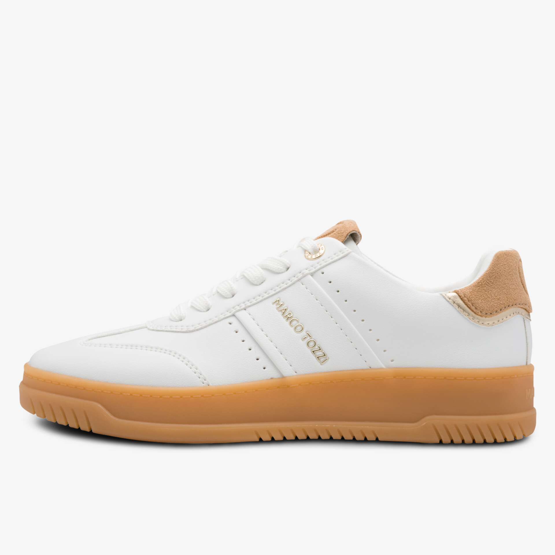 Weißer Sneaker mit beiger rutschfester Sohle und modernem sportlichem Design, seitliche Ansicht