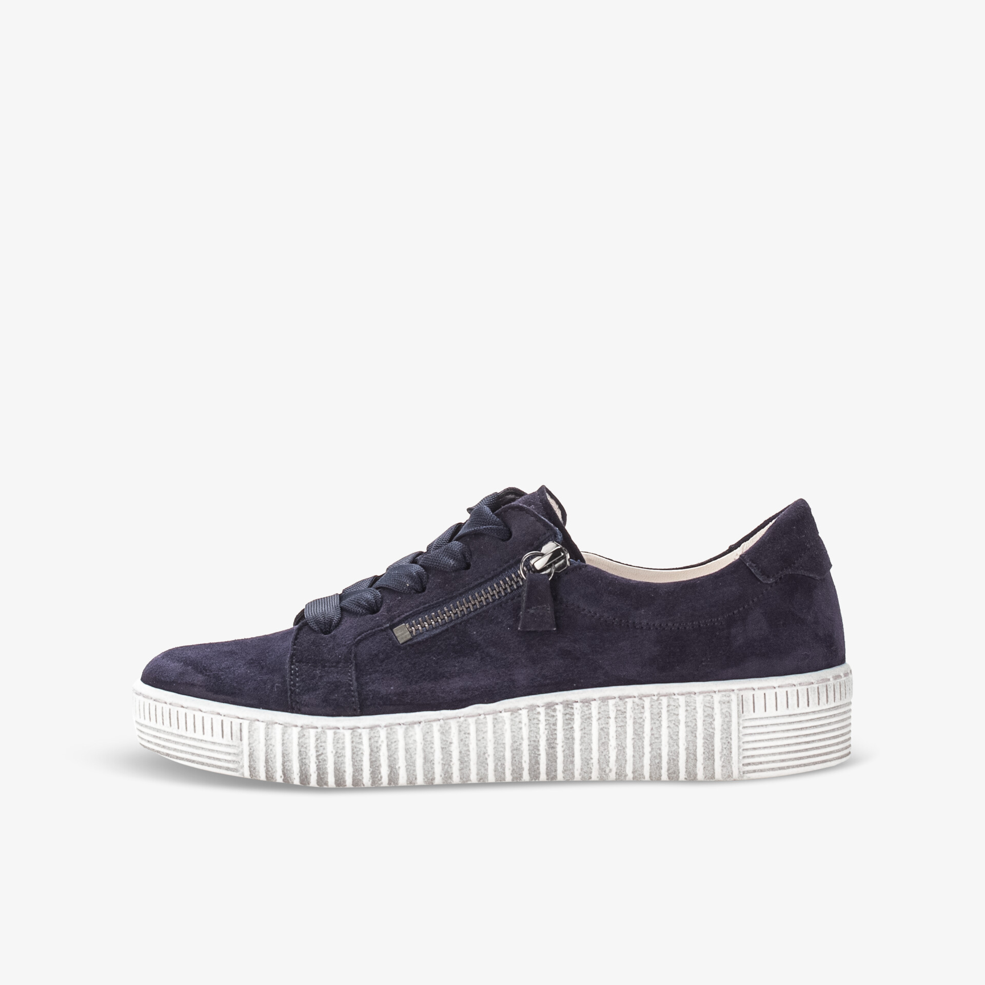 Modischer dunkelblauer Sneaker mit Reißverschluss und rutschfester Sohle, ideal für sportlich komfortablen Stil.