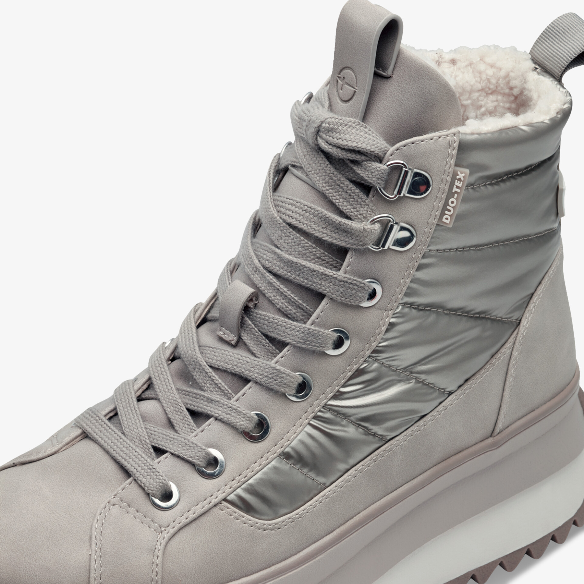 Warmer grauer Winterstiefel mit weichem Innenfutter, robuster Sohle und schnürbarem Design für optimalen Halt und Komfort