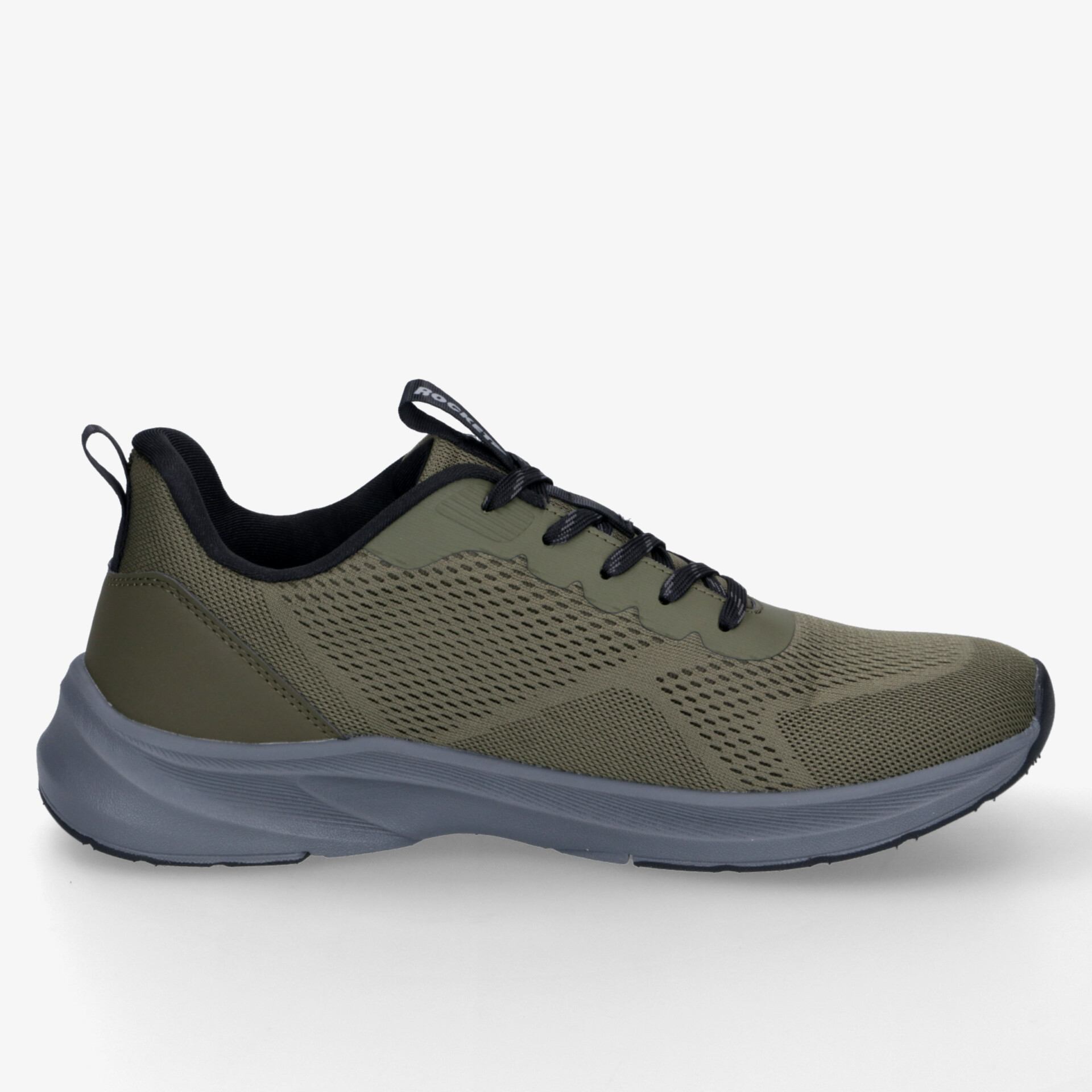 Leichter Sportschuh mit atmungsaktivem Obermaterial und stoßdämpfender Sohle in modischem Olivgrün, seitliche Ansicht