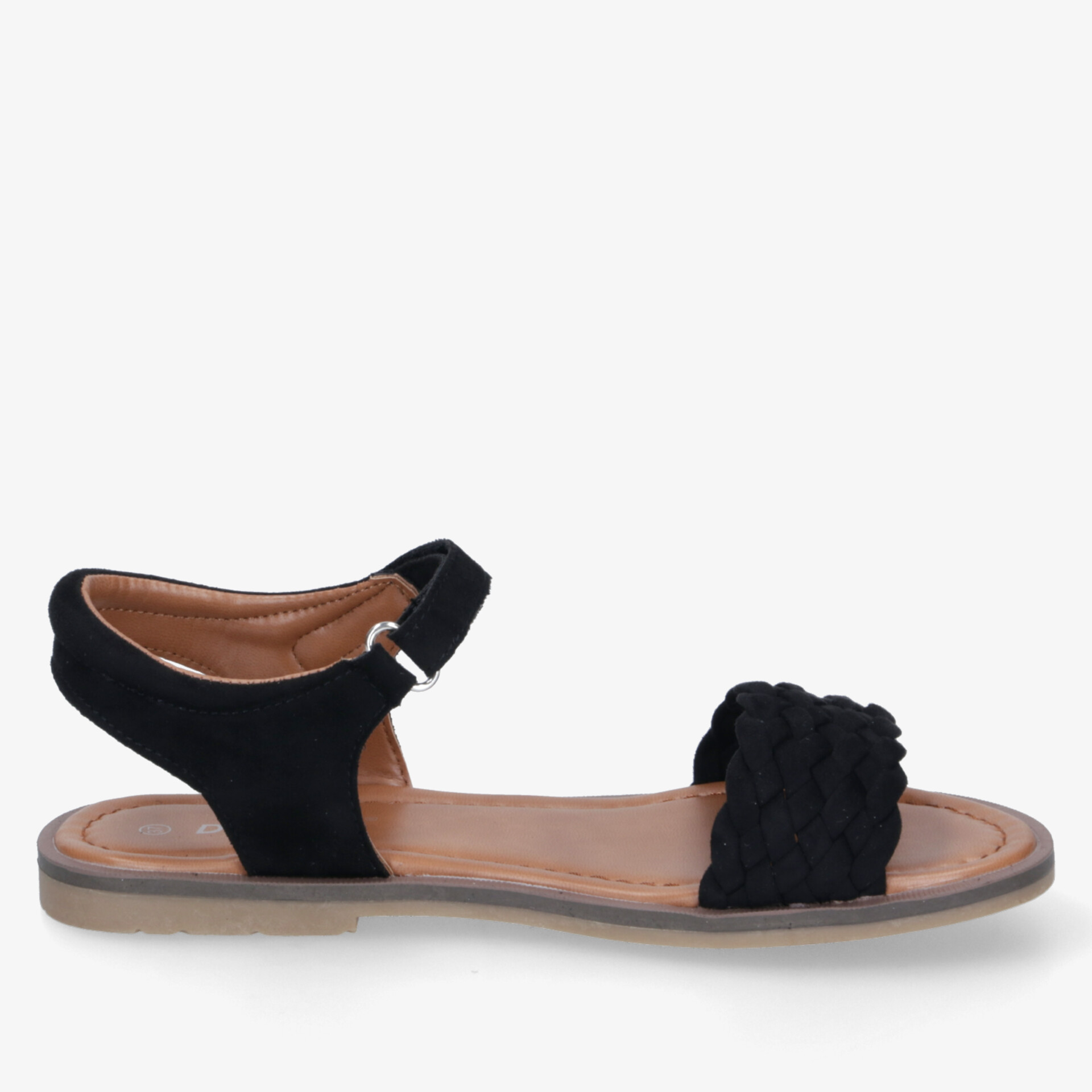 Schwarze Sandale mit komfortablem Riemen und flacher Sohle, ideal für warmes Wetter und angenehmes Tragegefühl
