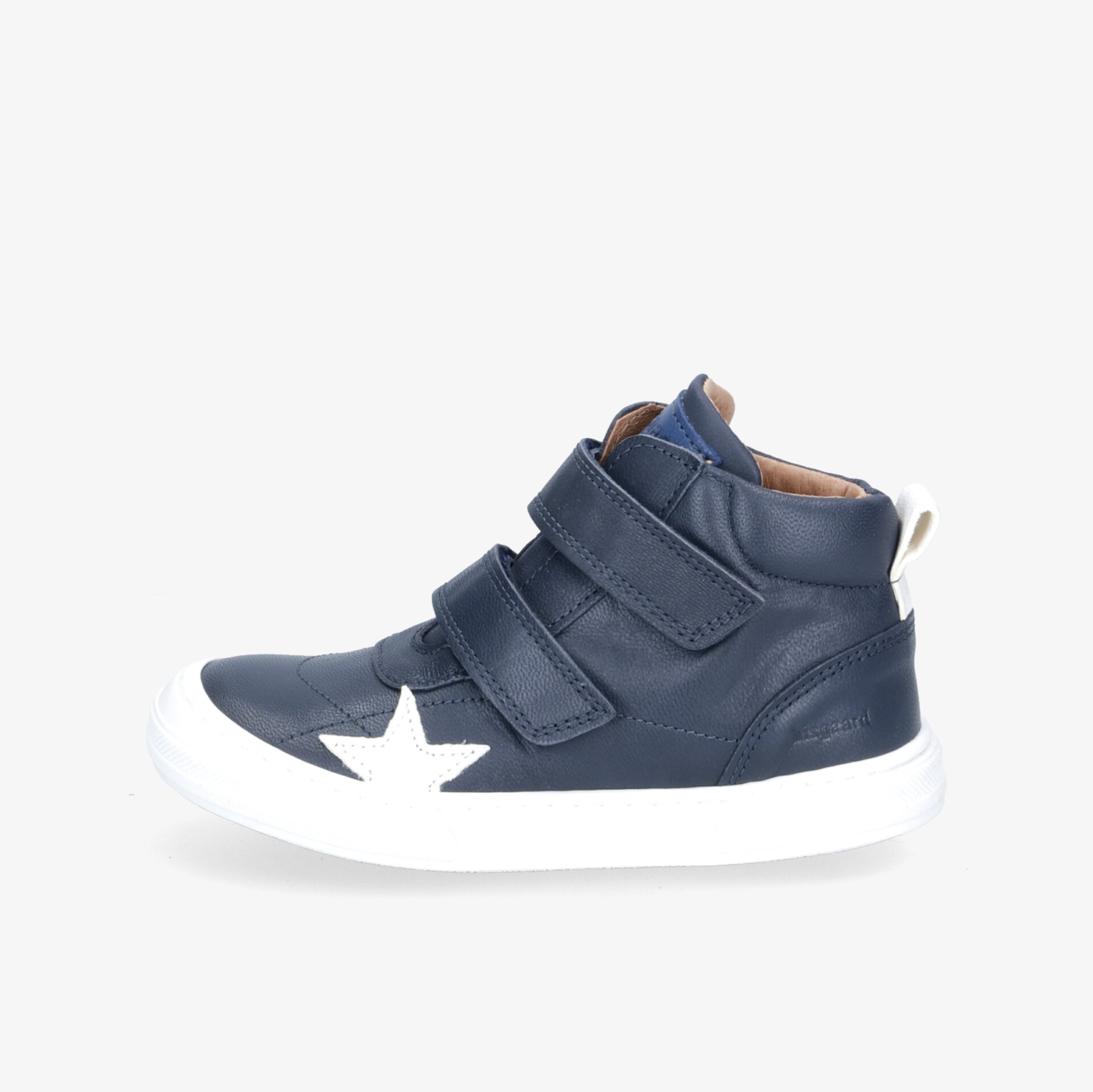 Stilvolle dunkelblaue Leder-Sneakers mit zwei Klettverschlüssen und kontrastierendem weißen Stern.