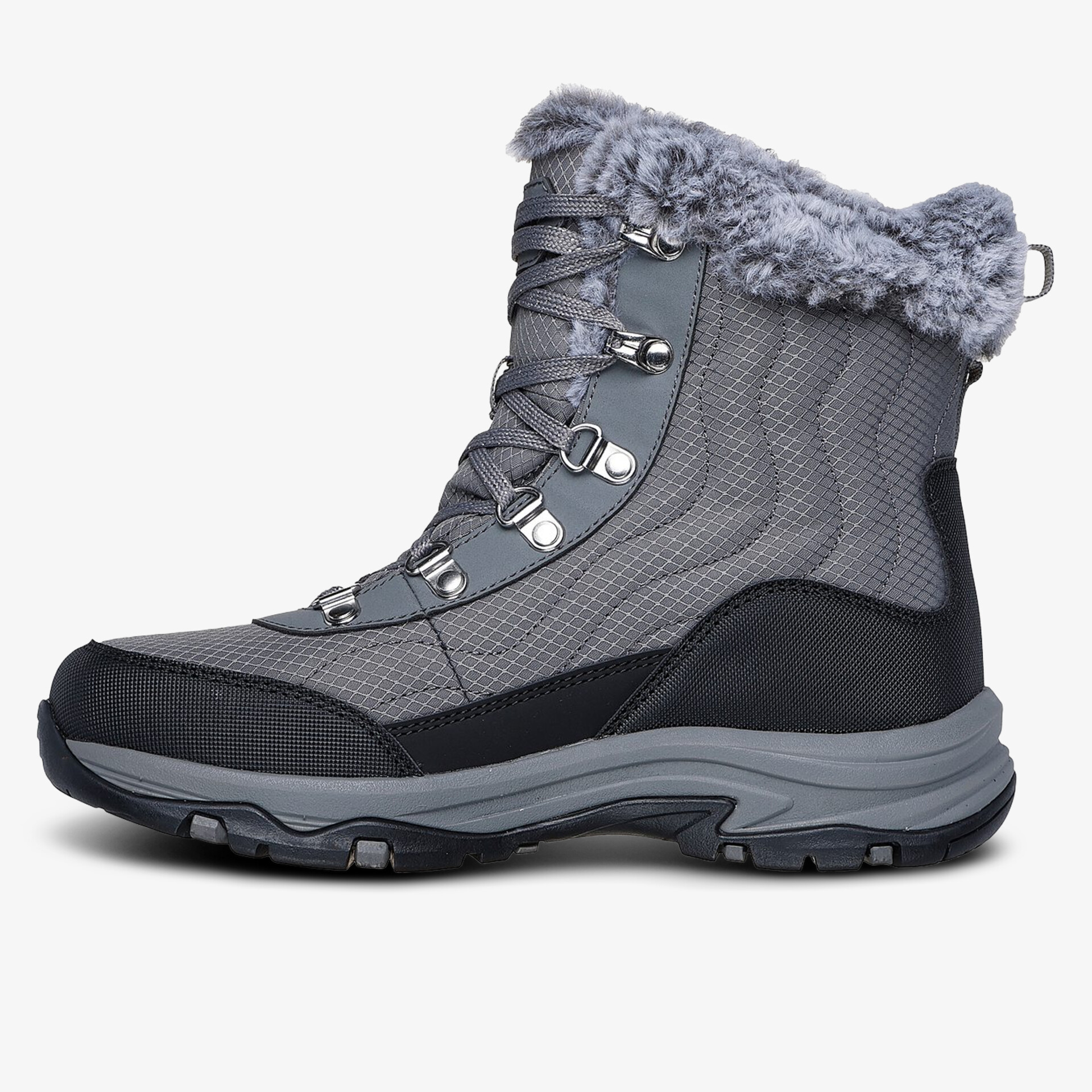 Robuster grauer Winterstiefel mit warmem Fellfutter, wasserdicht, rutschfester Sohle und stabiler Schnürung