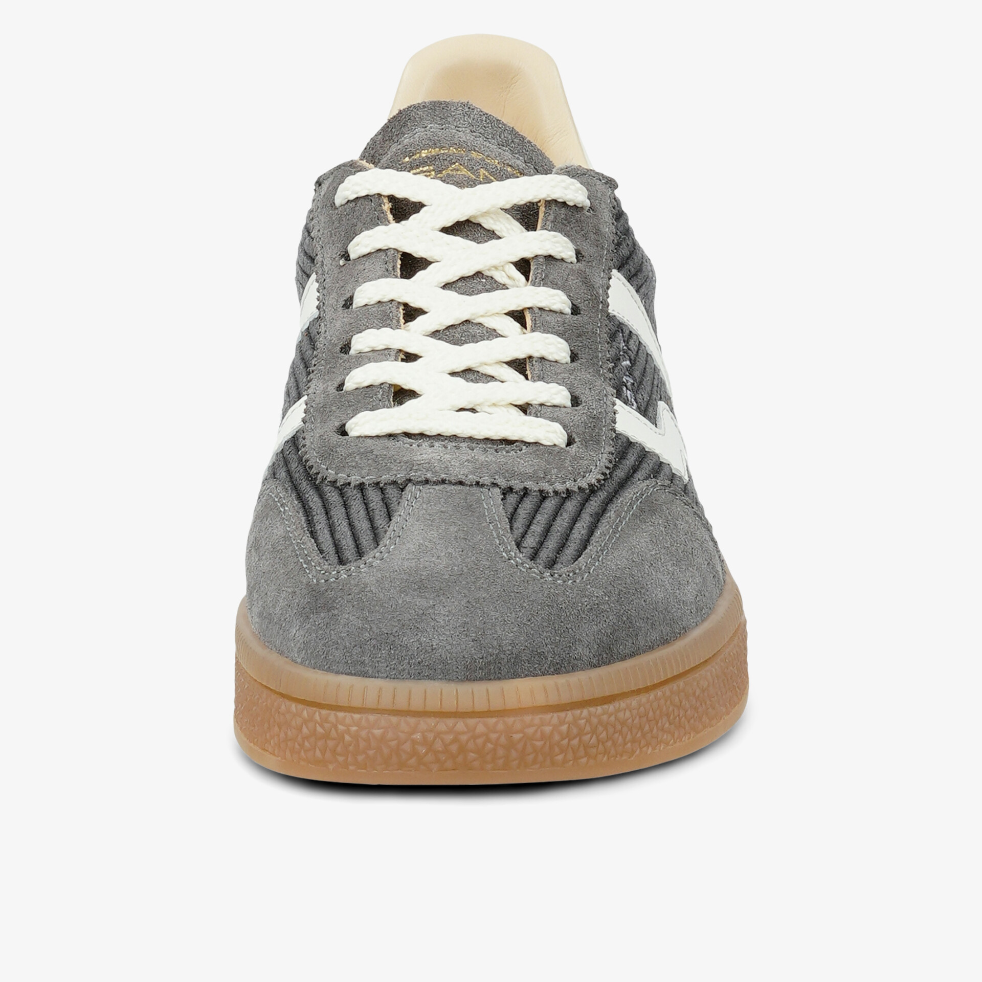 Grauer Veloursleder Schnürschuh mit runder Zehenkappe und komfortabler Gummisohle, sportliches Design