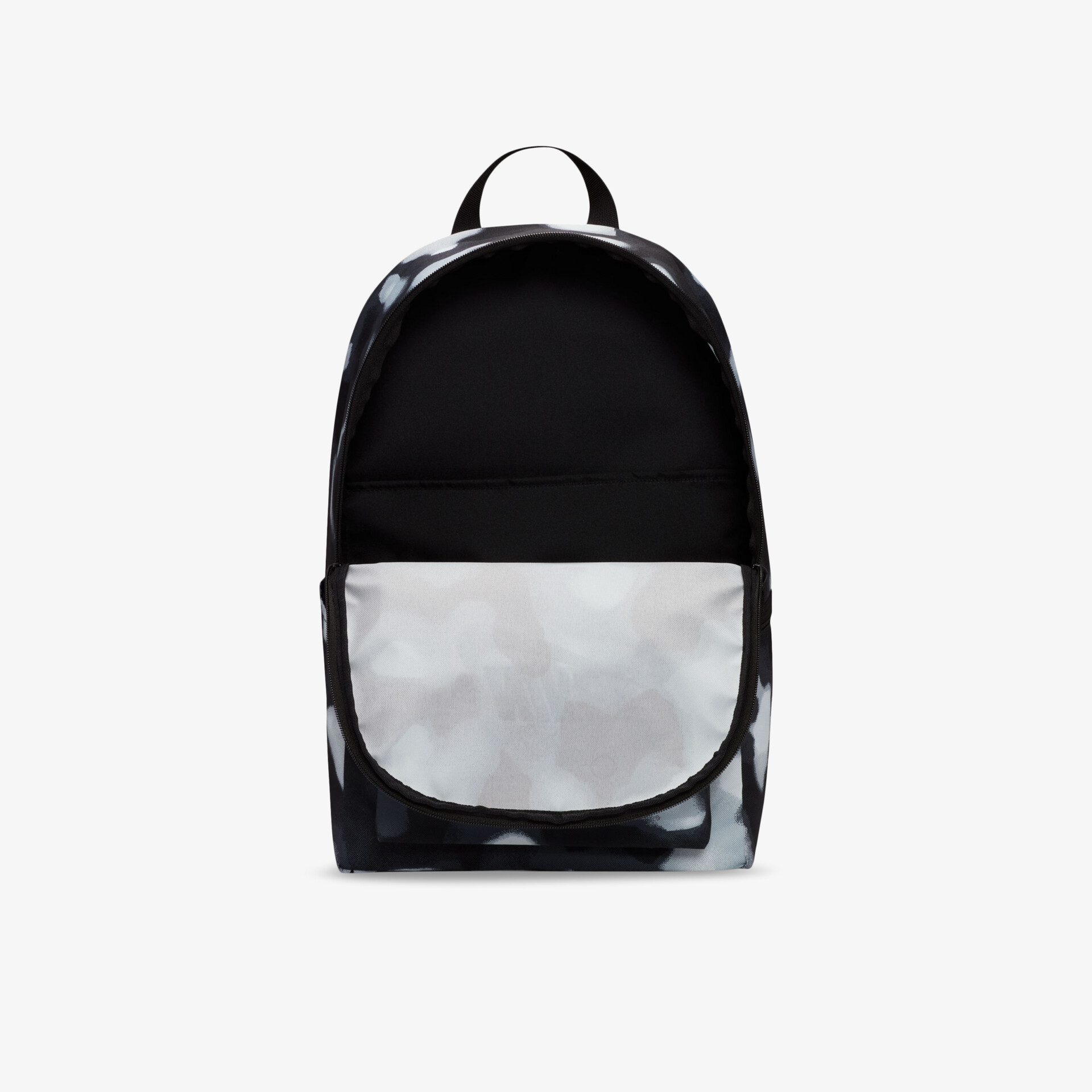 Moderner schwarzer Rucksack mit stilvollem schwarz-weißem Design und großzügigem Stauraum.