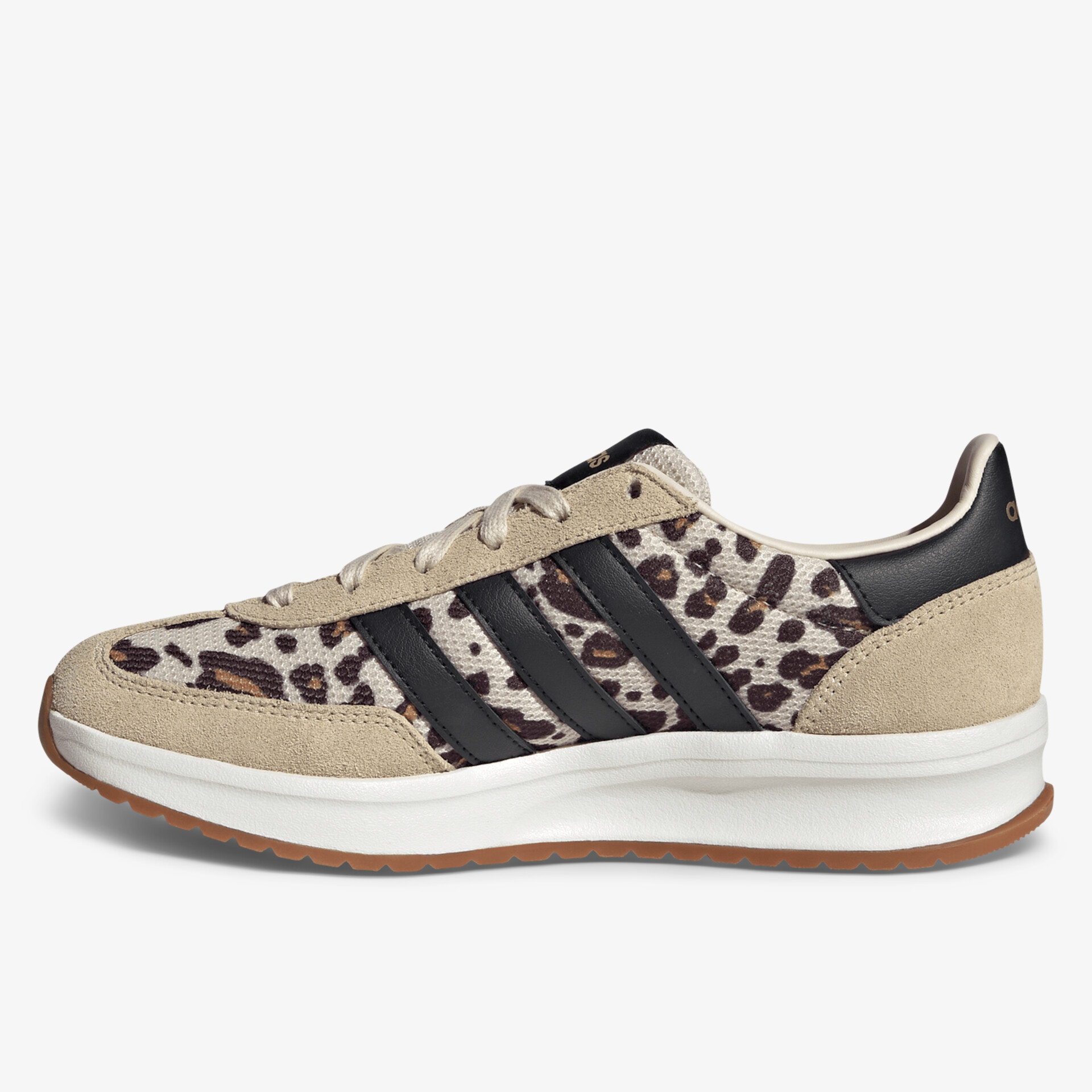 Seitliche Ansicht von sportlichem Schuh mit Leopardenmuster und bequemer Gummisohle.