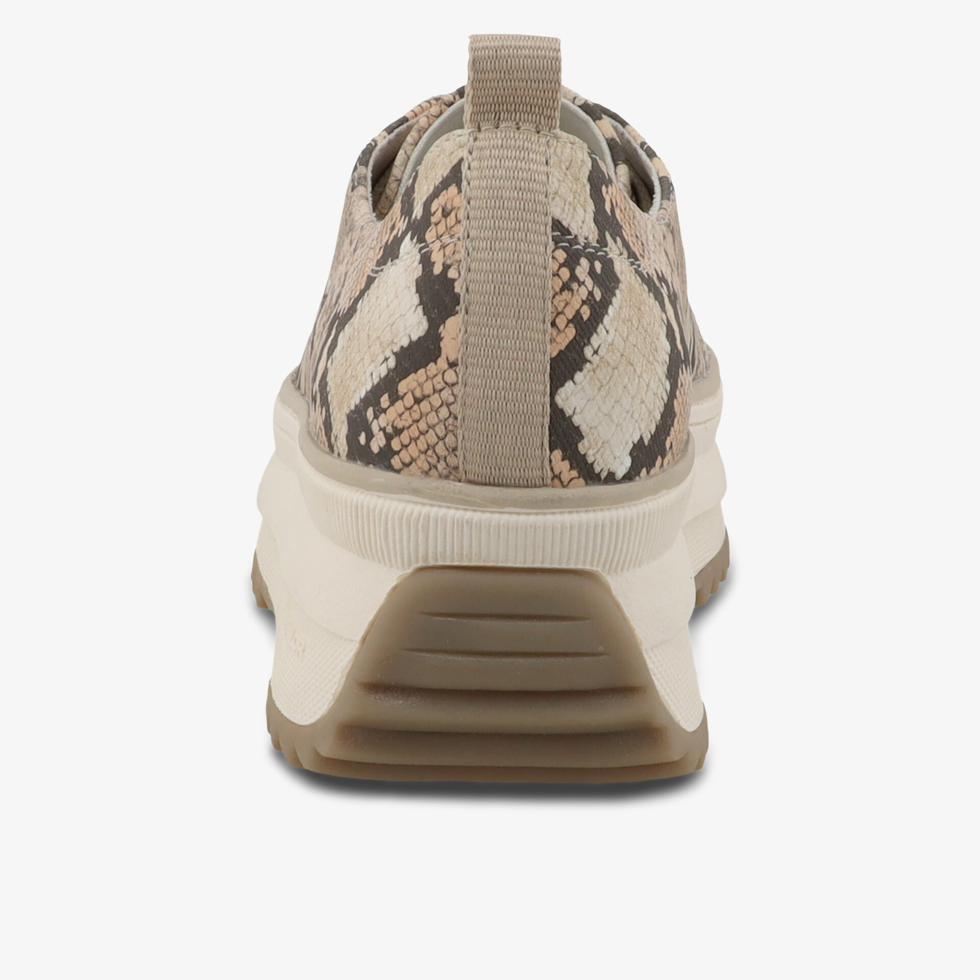 Rückansicht eines Schuhs mit robustem Absatz und modischem Schlangenledermuster, ideal für stabilen Halt