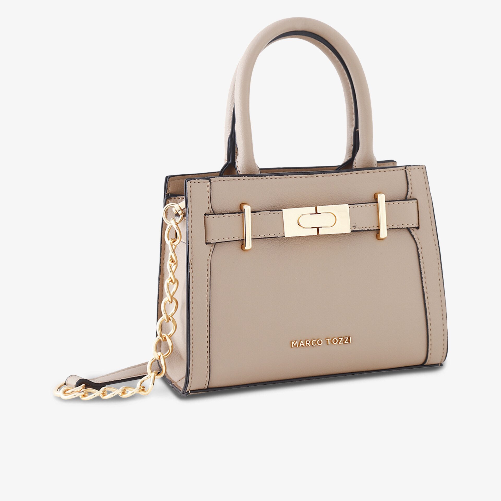 Elegante beige Handtasche mit Goldakzenten, kompaktem Design und praktischen Griffen für stilbewusste Nutzung