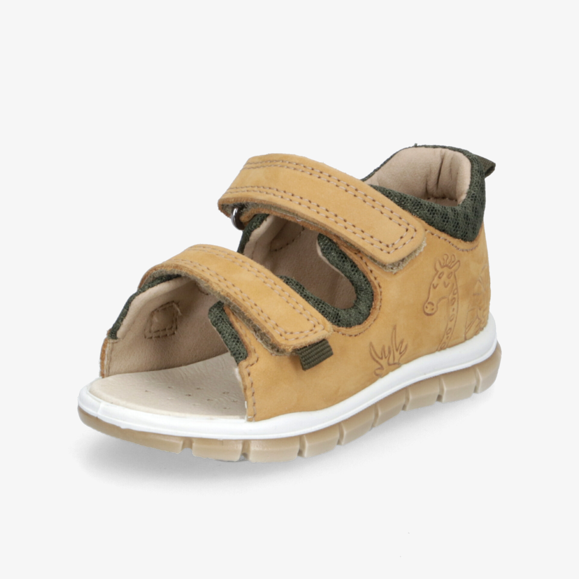 Bequeme braune Kinder-Sandale mit verstellbaren Klettverschlüssen und flexibler weißer Sohle
