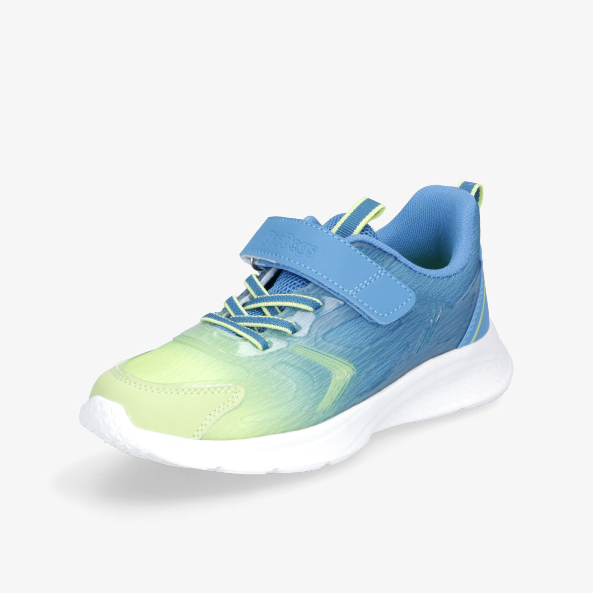 Moderner leichter Sportschuh mit Klettverschluss in blauen und grünen Farbtönen, rutschfeste flexible Sohle
