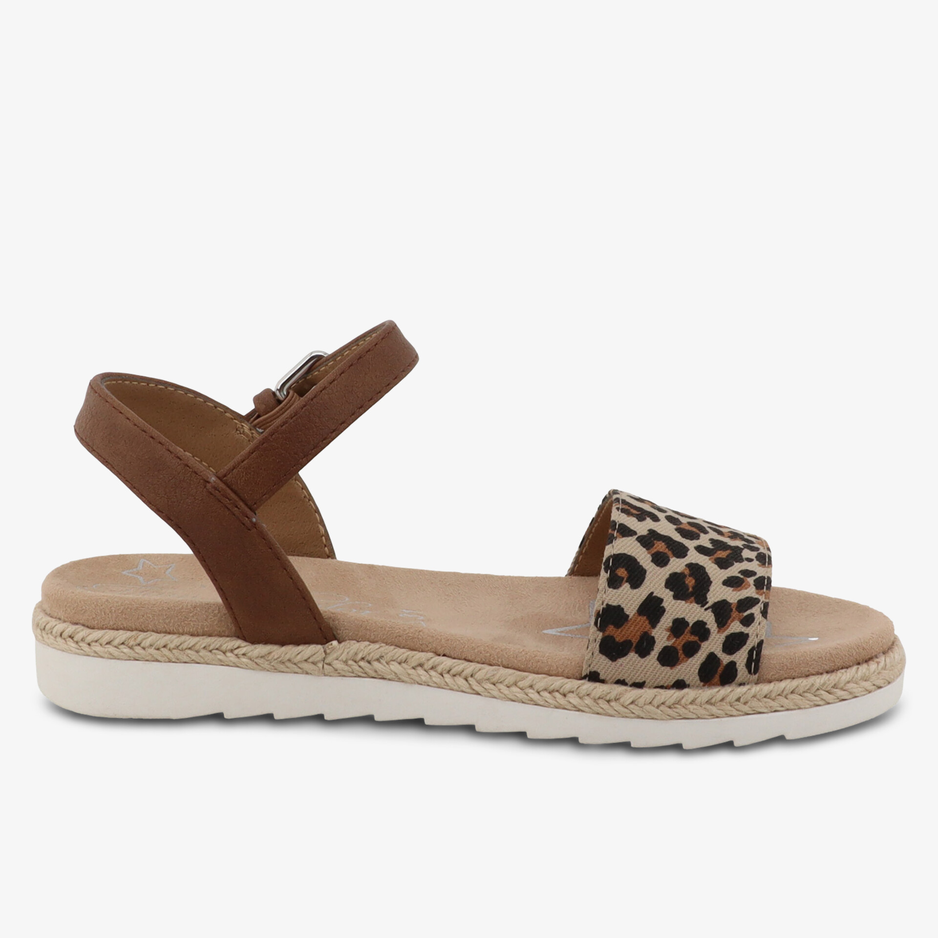 Bequeme Sandale mit Leo-Muster und verstellbarem Fersenriemen, gepolsterte Innensohle, robuste weiße Laufsohle