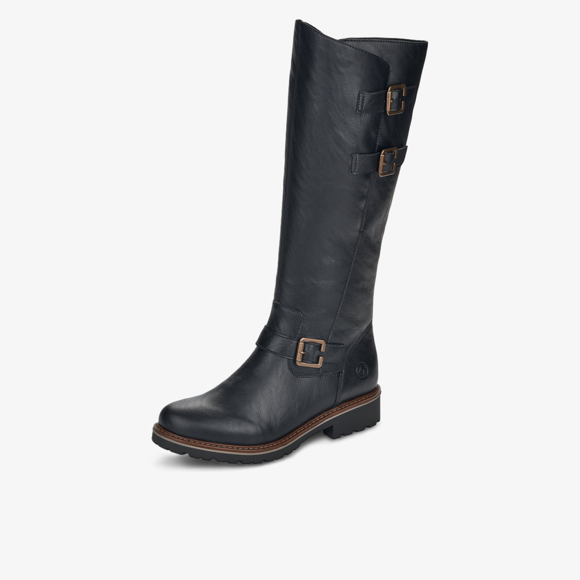 Elegante kniehohe schwarze Stiefel aus Leder mit verstellbaren Schnallen und robustem Absatz