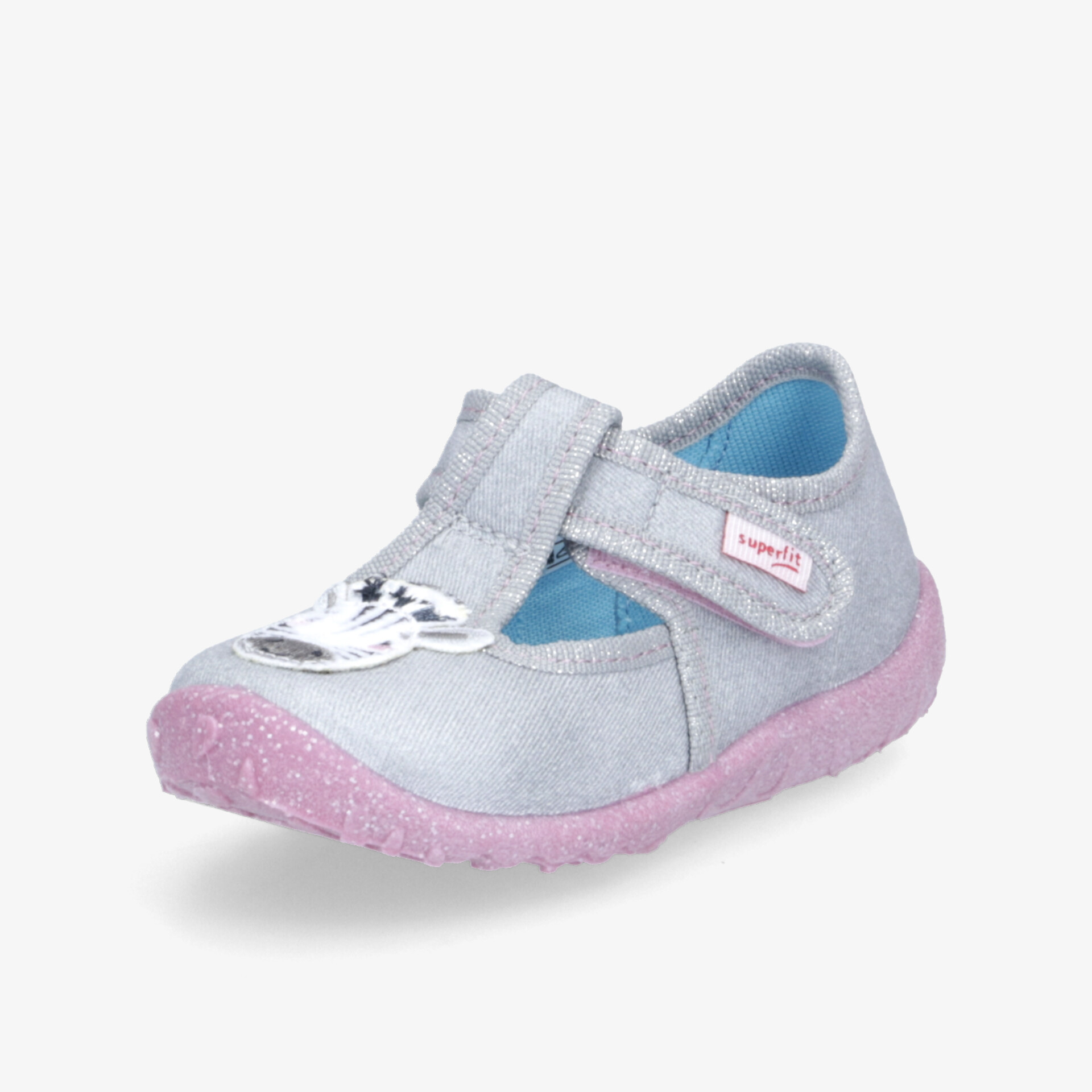 Leichter grauer Kinderschuh mit rosa Sohle und praktischem Klettverschluss für sicheren Halt und hohen Tragekomfort