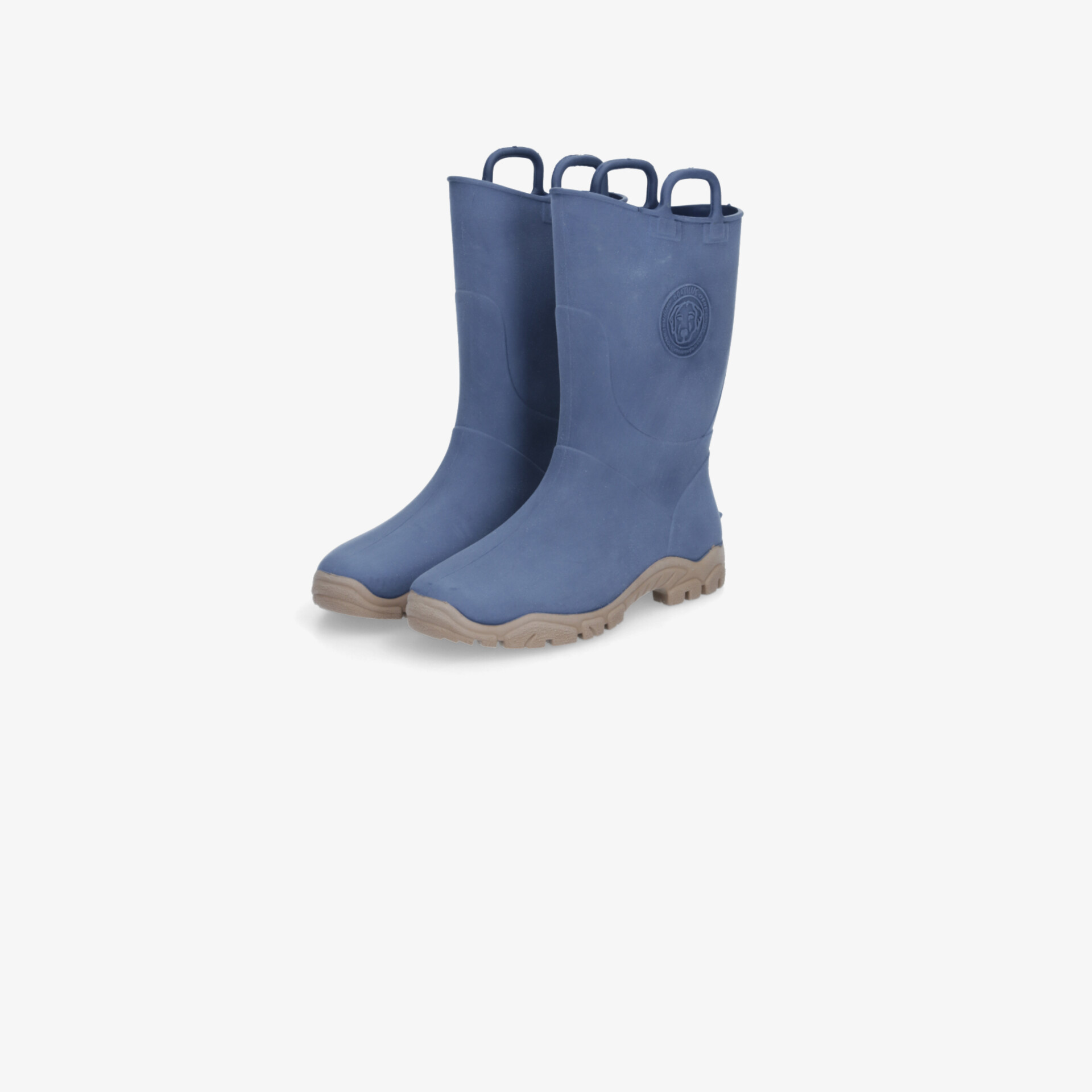 Blaues Paar Gummistiefel mit robustem Profil und komfortablem Design, ideal für nasse Bedingungen