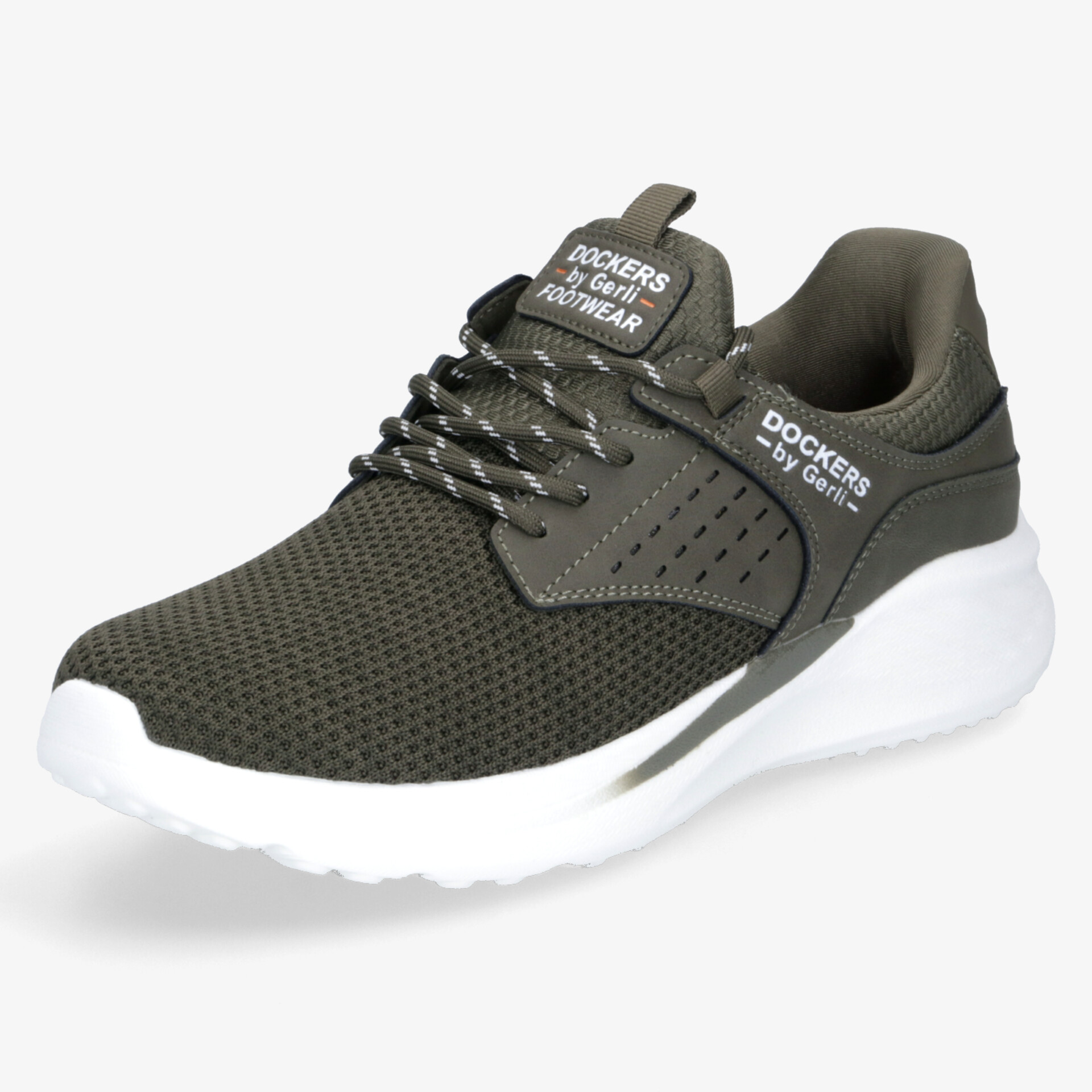 Leichter, atmungsaktiver und bequemer Sneaker in Olivgrün mit weißer Sohle und stabiler Schnürung