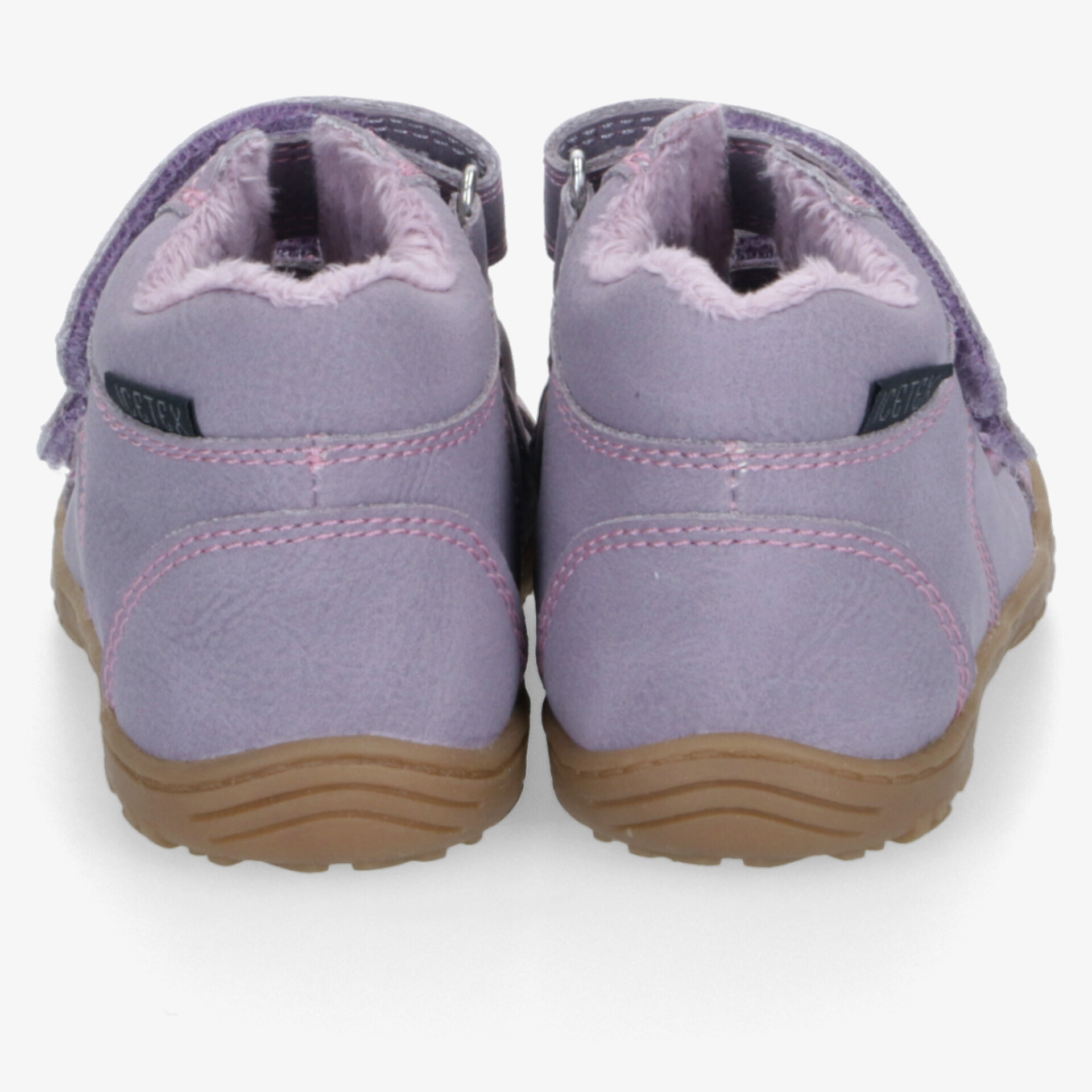 Robuste Kinderlaufschuhe in Lila mit weichem Innenfutter und rutschfester brauner Sohle, Rückansicht