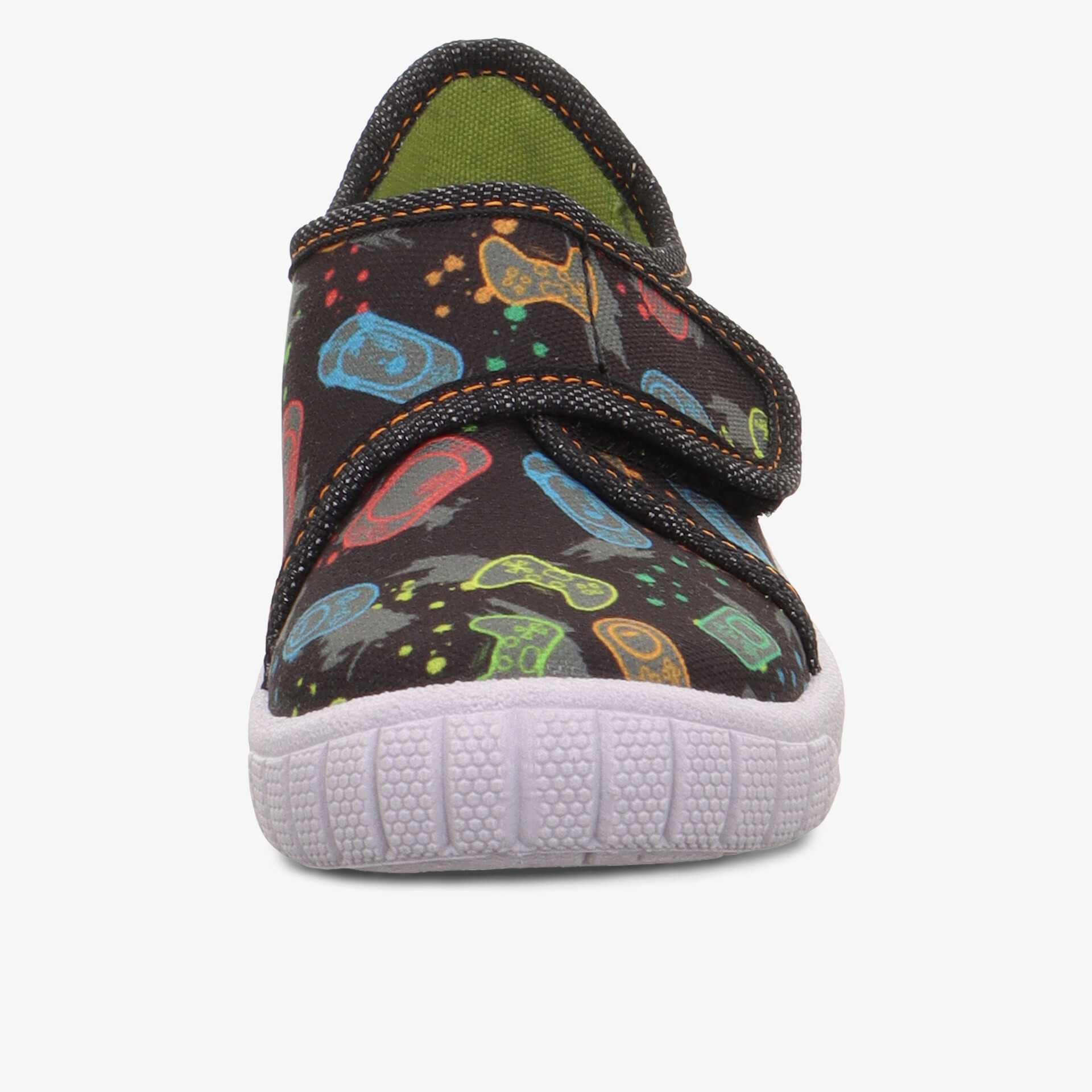 Bequemer Kinderschuh mit buntem Klettverschluss und rutschfester, flexibler Sohle in Frontansicht